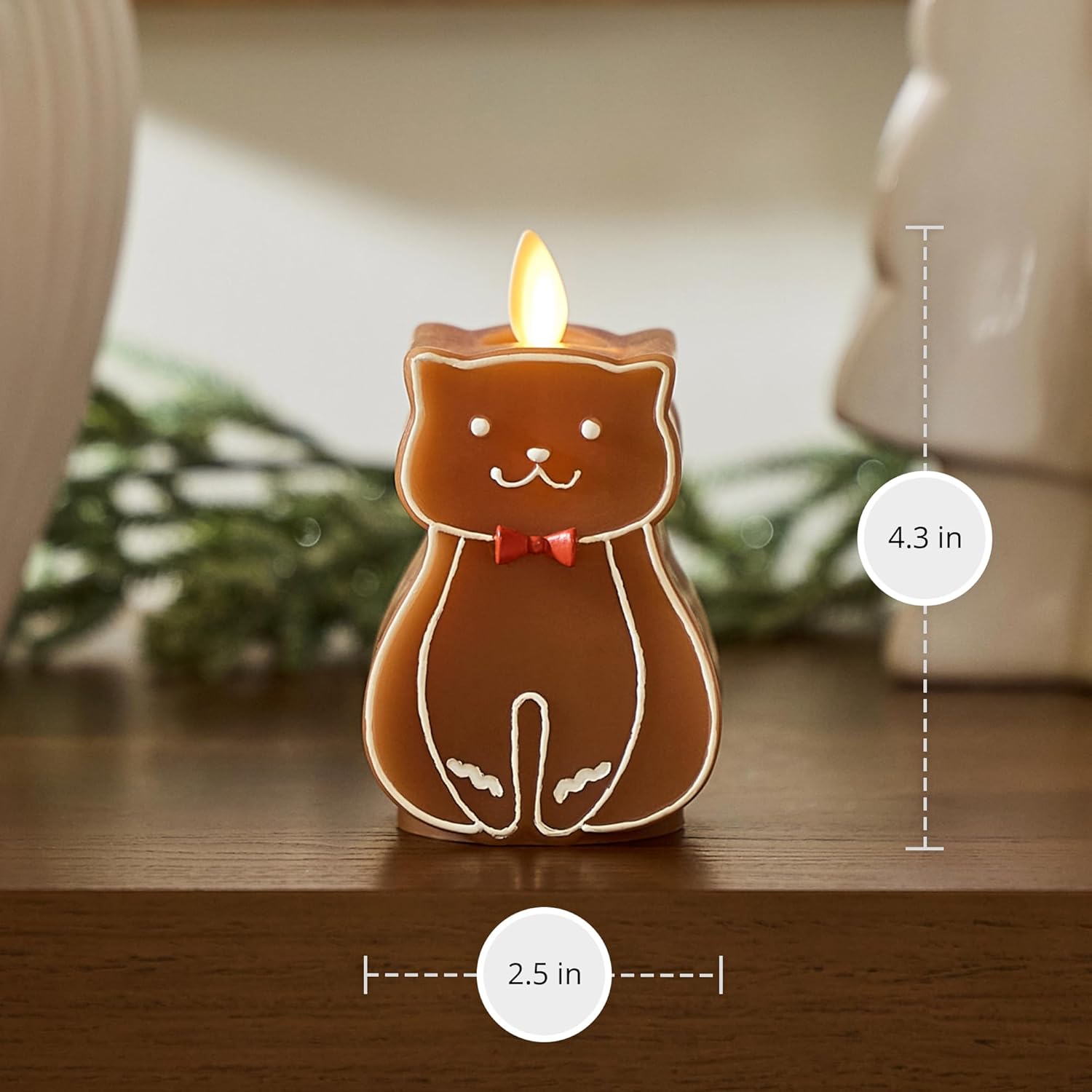 Luminara Flickering Flameless Candle 2.5" x 4.3", Battery Operated & Timer Function, Remote Ready (Sold Separately), Gingerbread Cat Moving Flame LED Light Figural Candle for Christmas Holiday Display