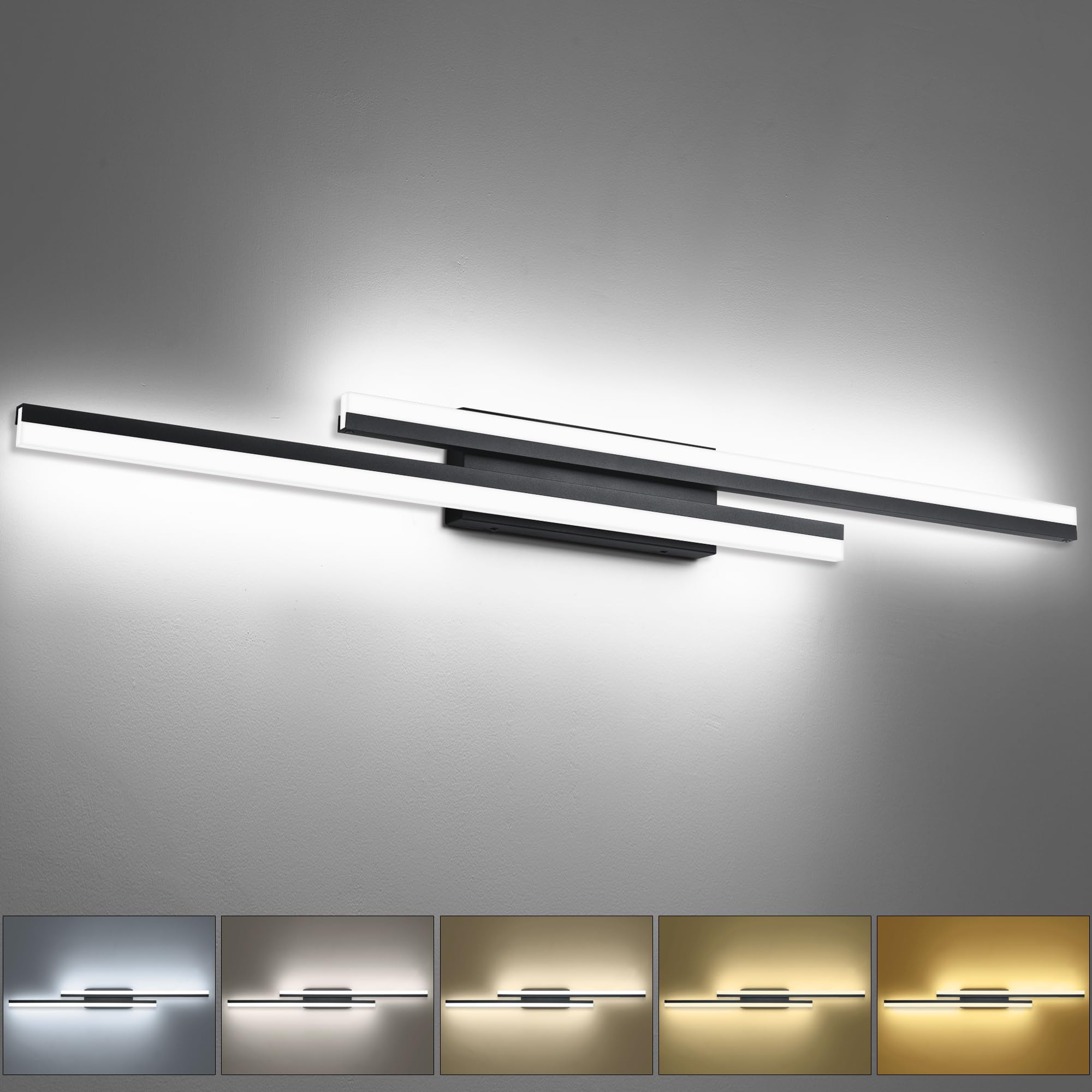 PRESDE 5 Color Changeable Bathroom Vanity Light Dimmable 48inch Modern Black LED Bathroom Light Fixtures Over Mirror Bath Wall Lighting 5CCT