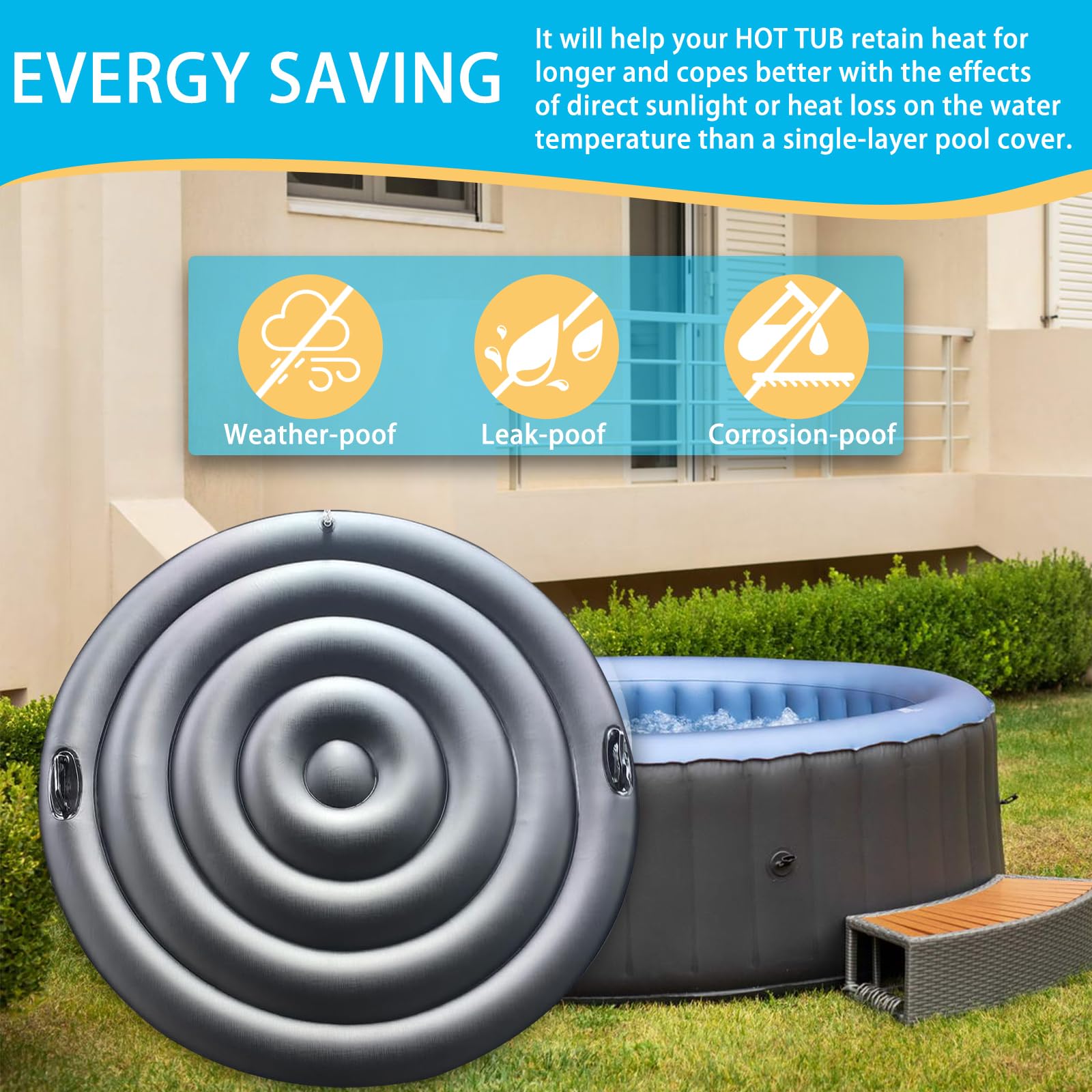 Couvercle de Bain à Remous, 160CM Couverture De Spa Gonflable avec Poignée, Couverture De Spa pour Bain À Remous, Économie D'Énergie, Universel et Pratique pour Spa (Noir, Rond-160CM)