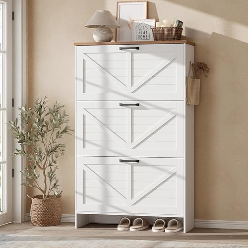 Miniatura 12 de Nicetree Zapatero de puerta de granero estilo shaker - 3 cajones con cierre de resorte y 3 estantes ajustables de 3 niveles, ultradelgado Negro