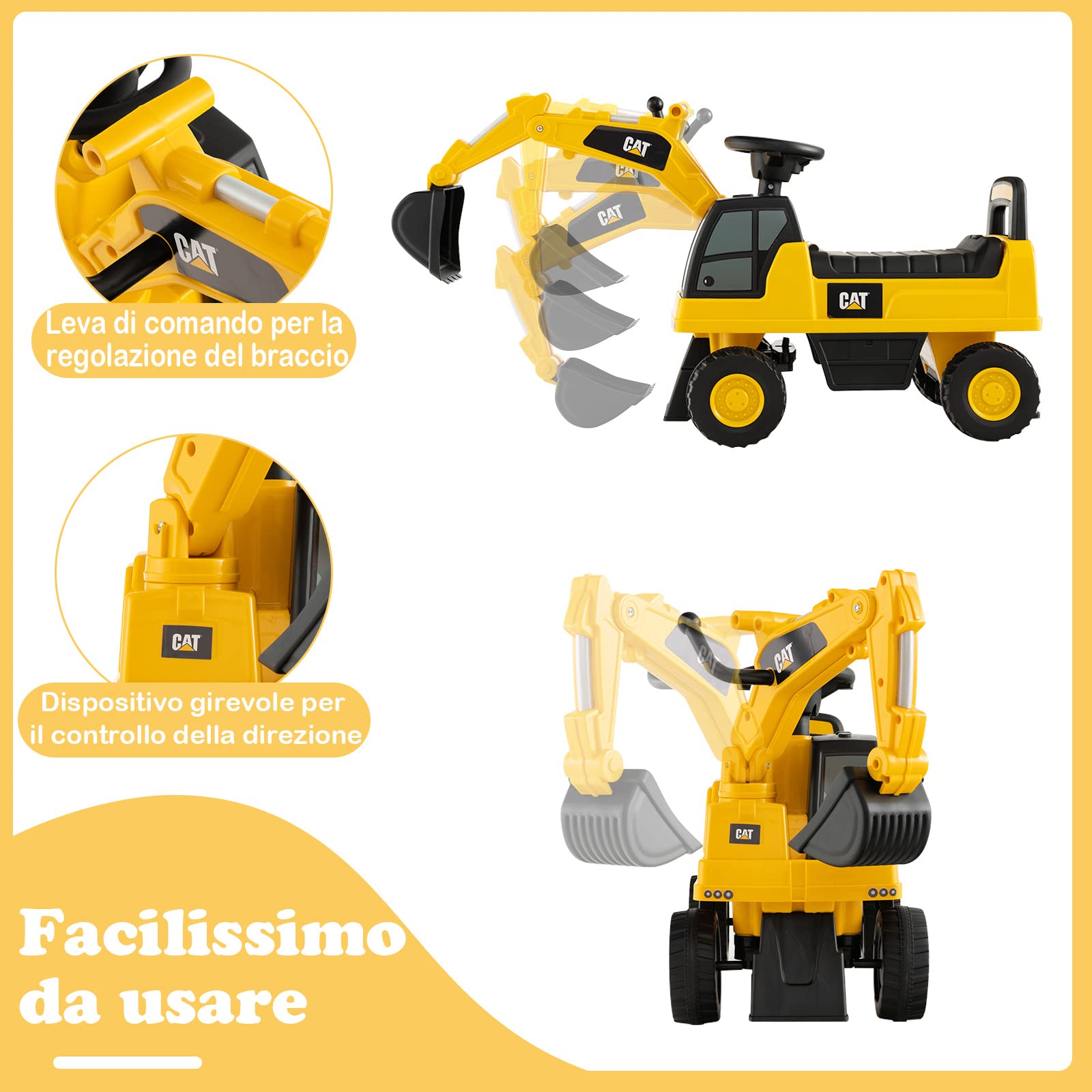 COSTWAY Escavatore Giocattolo Cavalcabile, Ruspa per Bambini con Benna da Scavo Girevole, Clacson e Spazio di Archiviazione Nascosto, Regalo per Bambini 1-3 Anni, Giallo