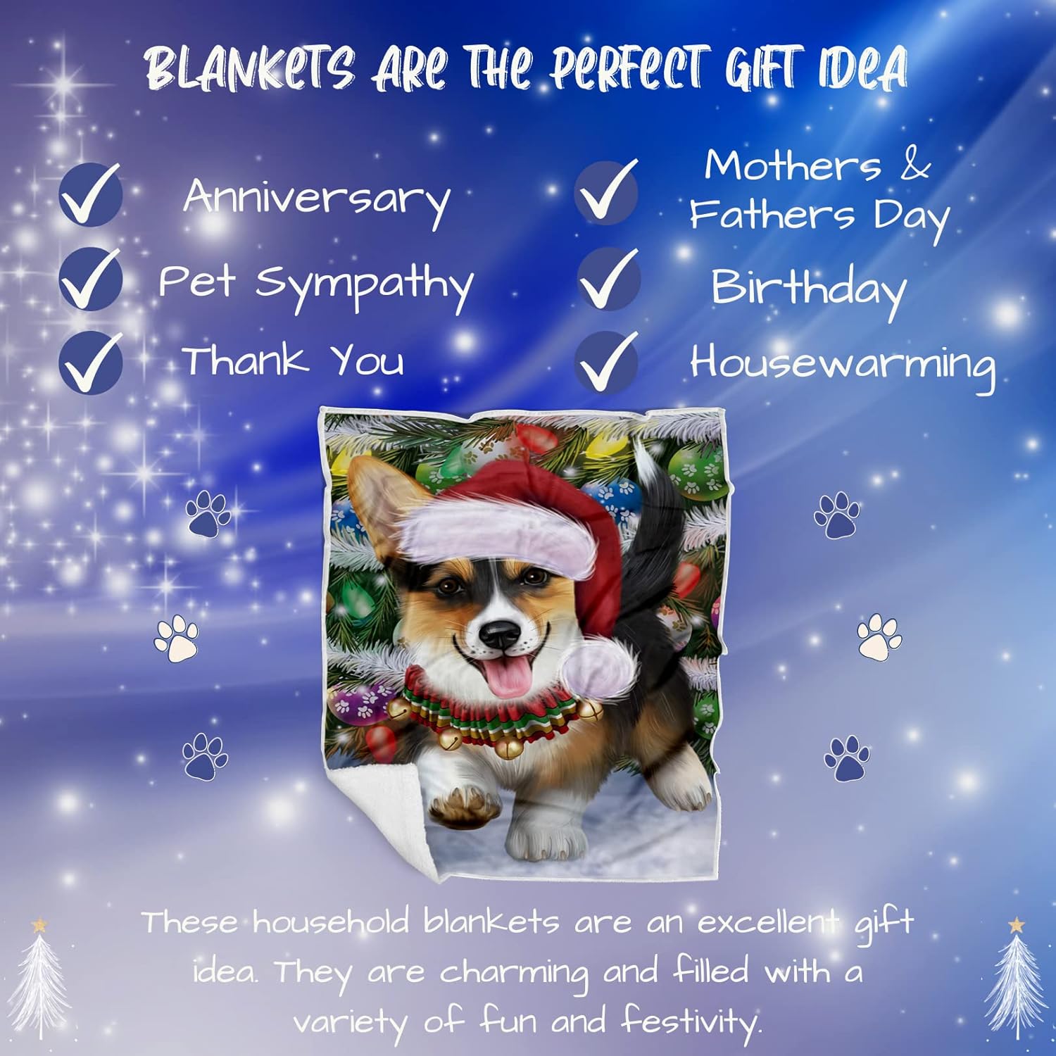 Trotting in The Snow Pembroke Welsh Corgi Dog Blanket - Multicolor Fluffy Warm Soft Fleece, Sherpa & Tasseled Woven Durable Blanket for Bed BLNKT68441 (30x40 Fleece)