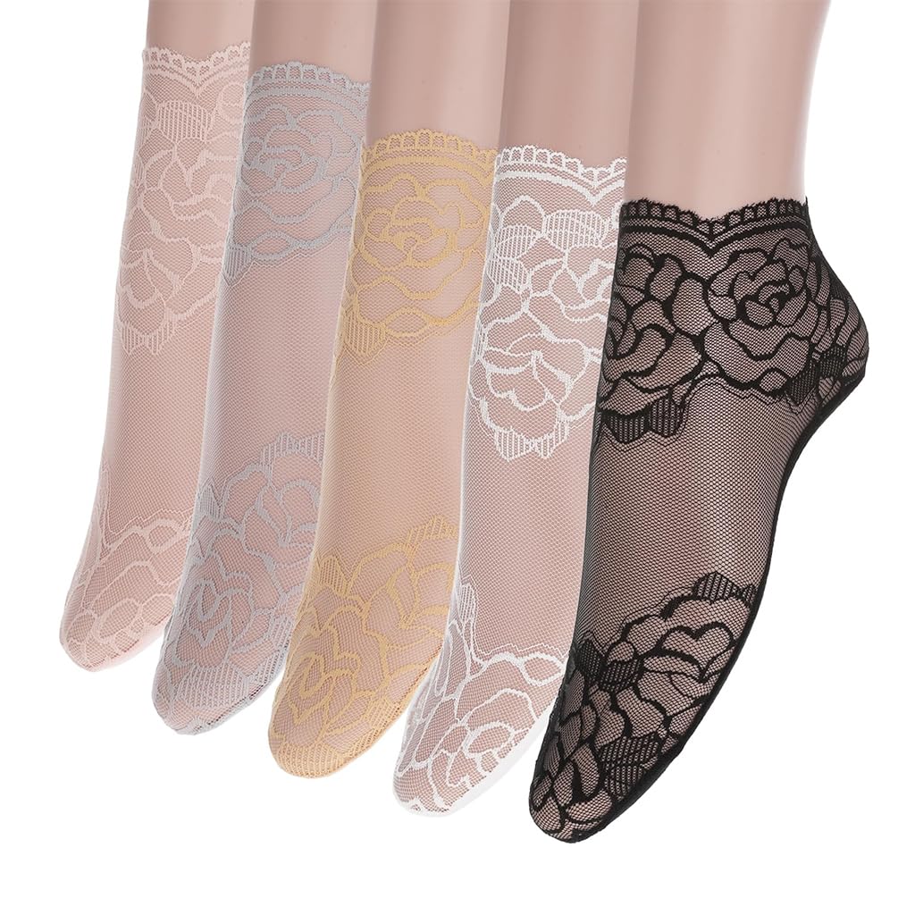 sannidhi 5 Pairs Women Socks Sheer Lace Women Socks Jacquard Rose Lace Socks Mixed Color Cotton Mesh Lace Socks-picture-4