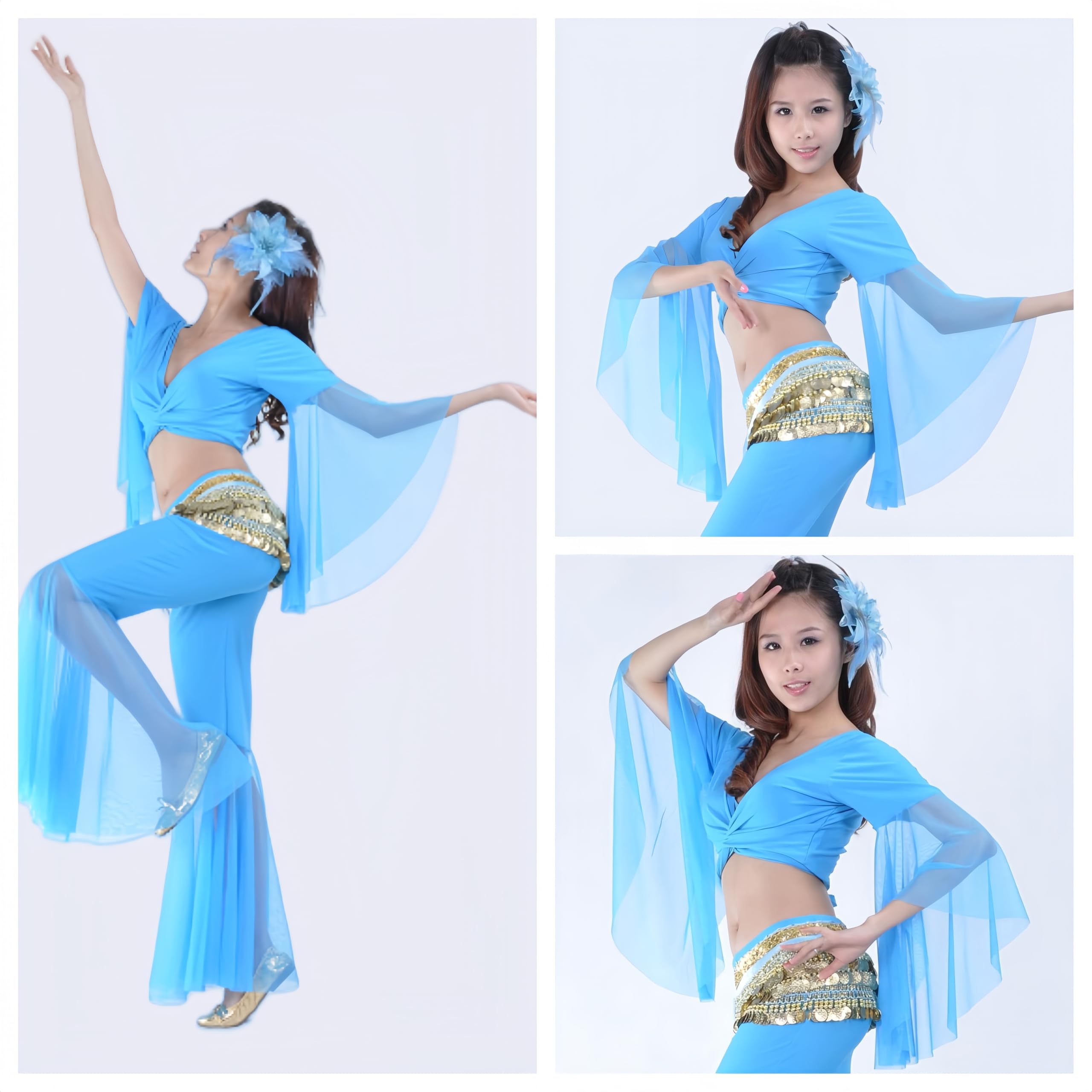 Blusa de baile con mangas acampanadas para mujer, cuello V mangas 3/4 de tul, blusa cruzada para danza del vientre tribal, camisa con cordones blusas borlas for festivales, discotecas ropa de baile