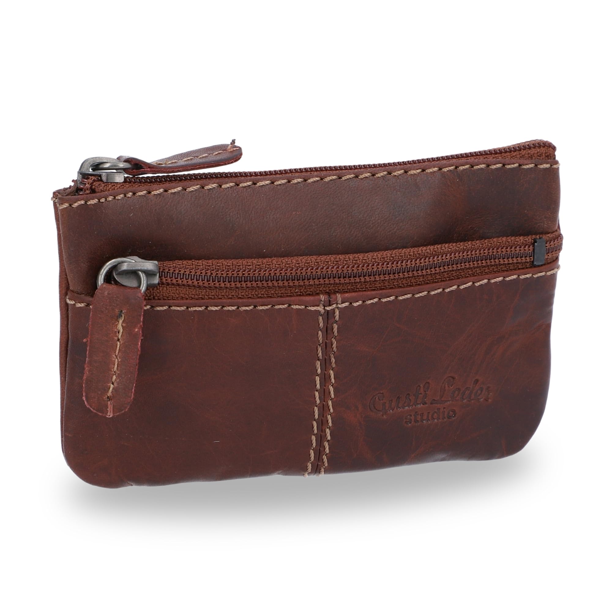 Gusti Schlüsseltasche Leder kompakt – Schlüsseltasche klein aus echtem Leder braun Vintage Schlüsseletui mit Reißverschluss für Damen Herren Autoschlüssel Organizer Schlüsselanhänger Tasche
