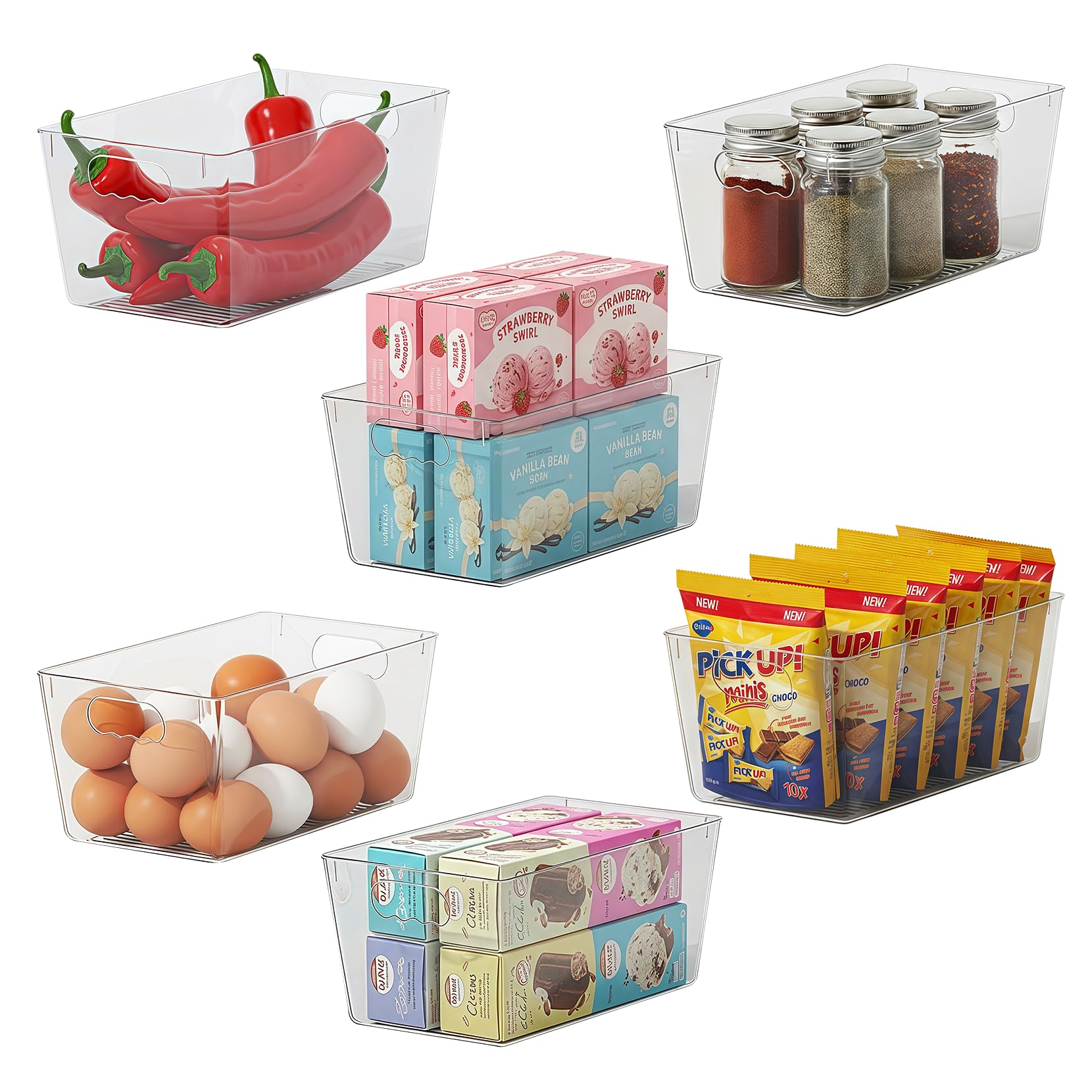 Fridge Organiser with Handles, Clear Pantry Organizer Bins, Food Storage Basket for Kitchen, Countertops, Cabinets, Refrigerator, Freezer, Bedrooms (6 Pack, S(24x13x11CM))