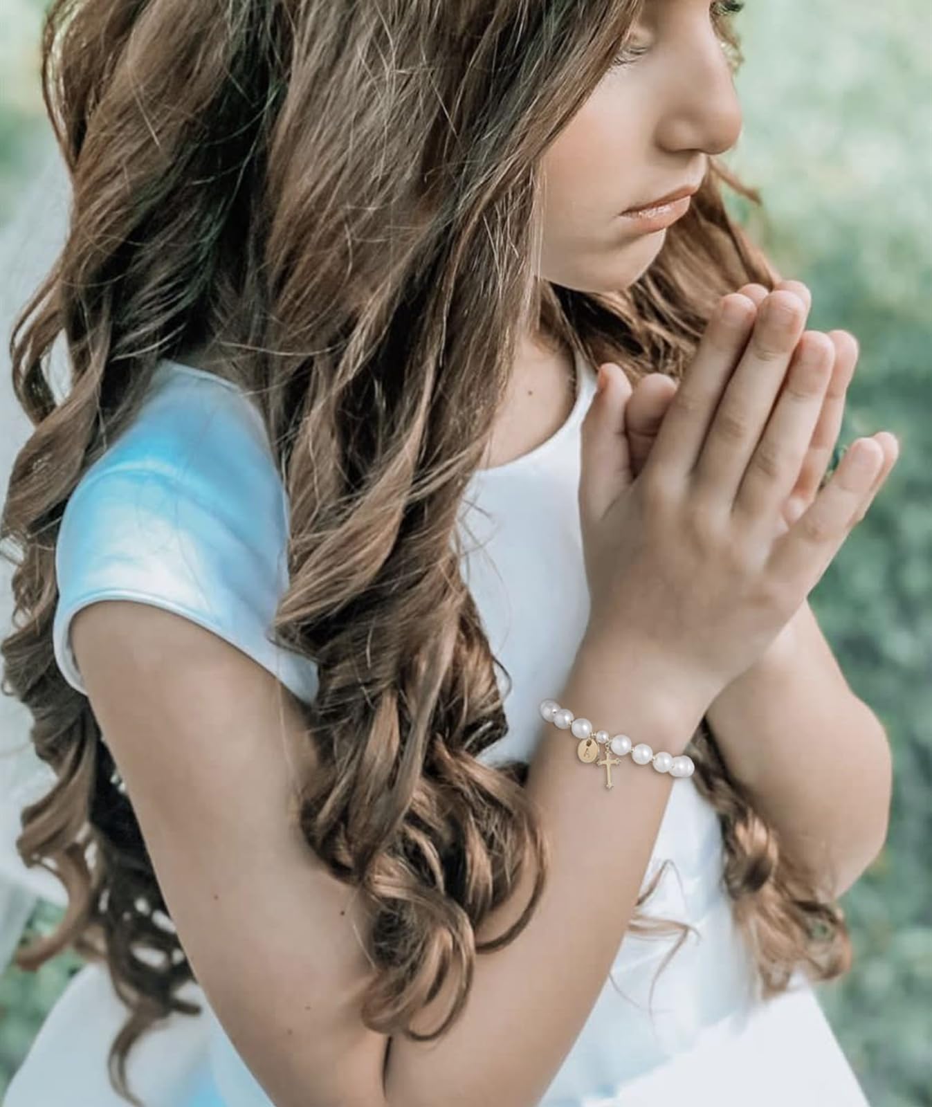 Initial First Holy Communion Confirmation Baptism Bracelets Gifts for Women Girls, Catholic First 1st Communion 14K Gold Pearl Cross Charm Bracelet Personalized A-Z for Goddaughter Niece