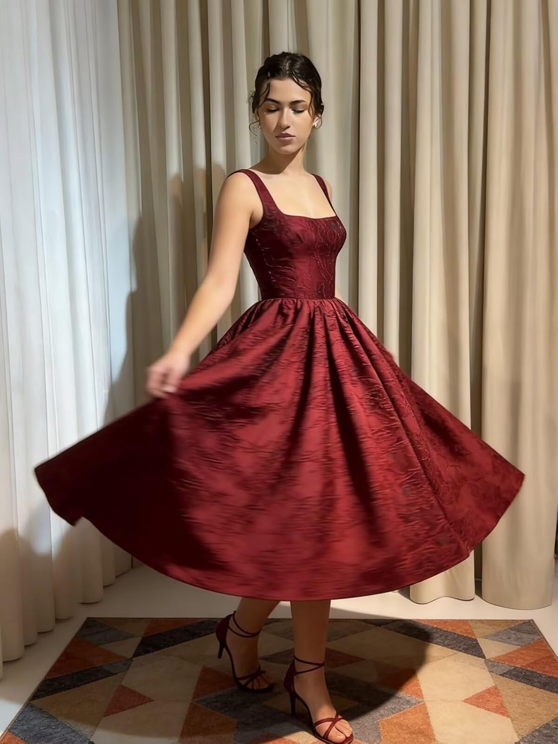 Jacquard Satin Prom Dresses 2026 Floral Square Neck Tea Length Ruched Elegant Formal Ball Gown with Pockets - Image 5