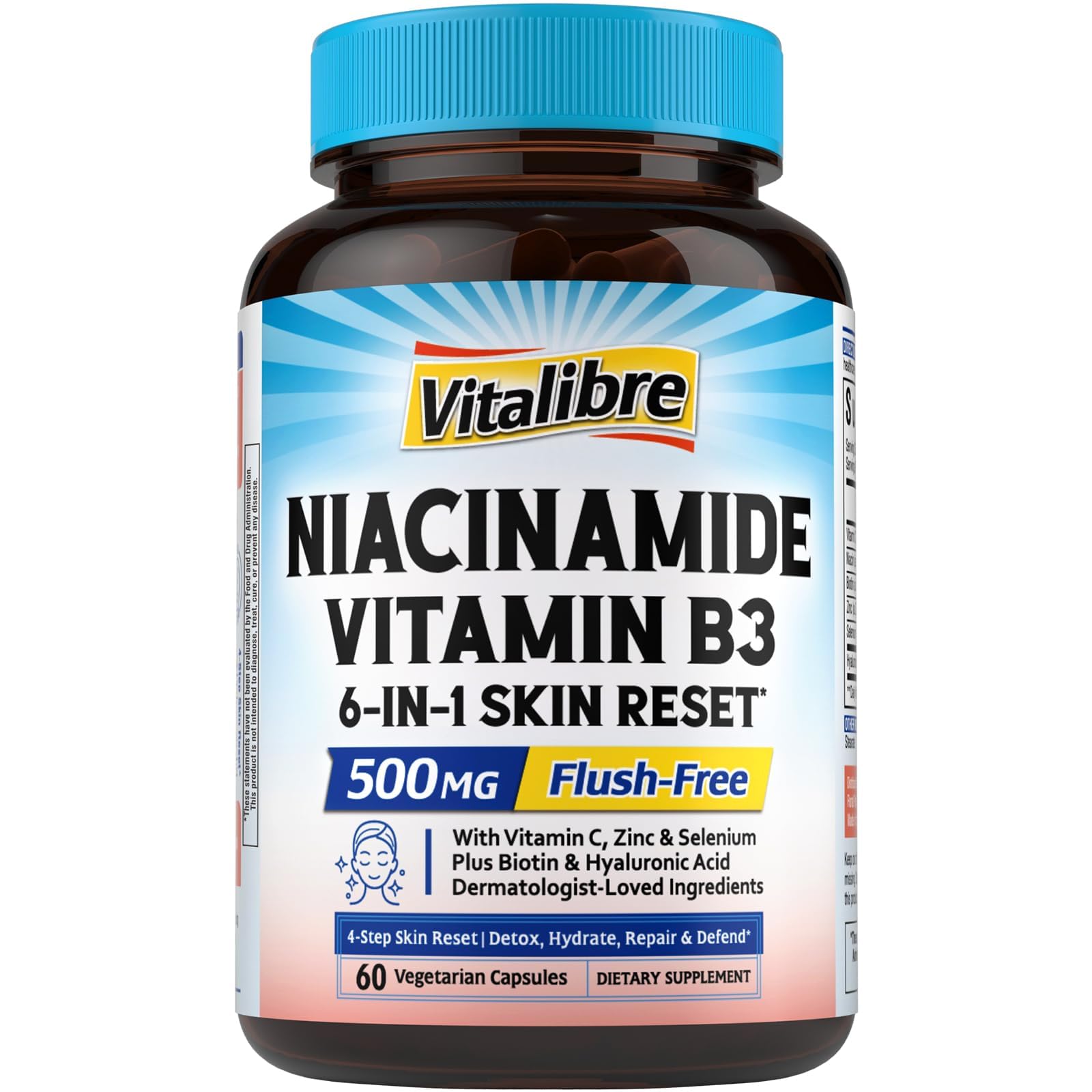 Niacinamide Vitamin B3 Niacin 500mg No Flush Niacin Supplement 6-in-1 Skin Reset Formula w VC Zinc Selenium Biotin