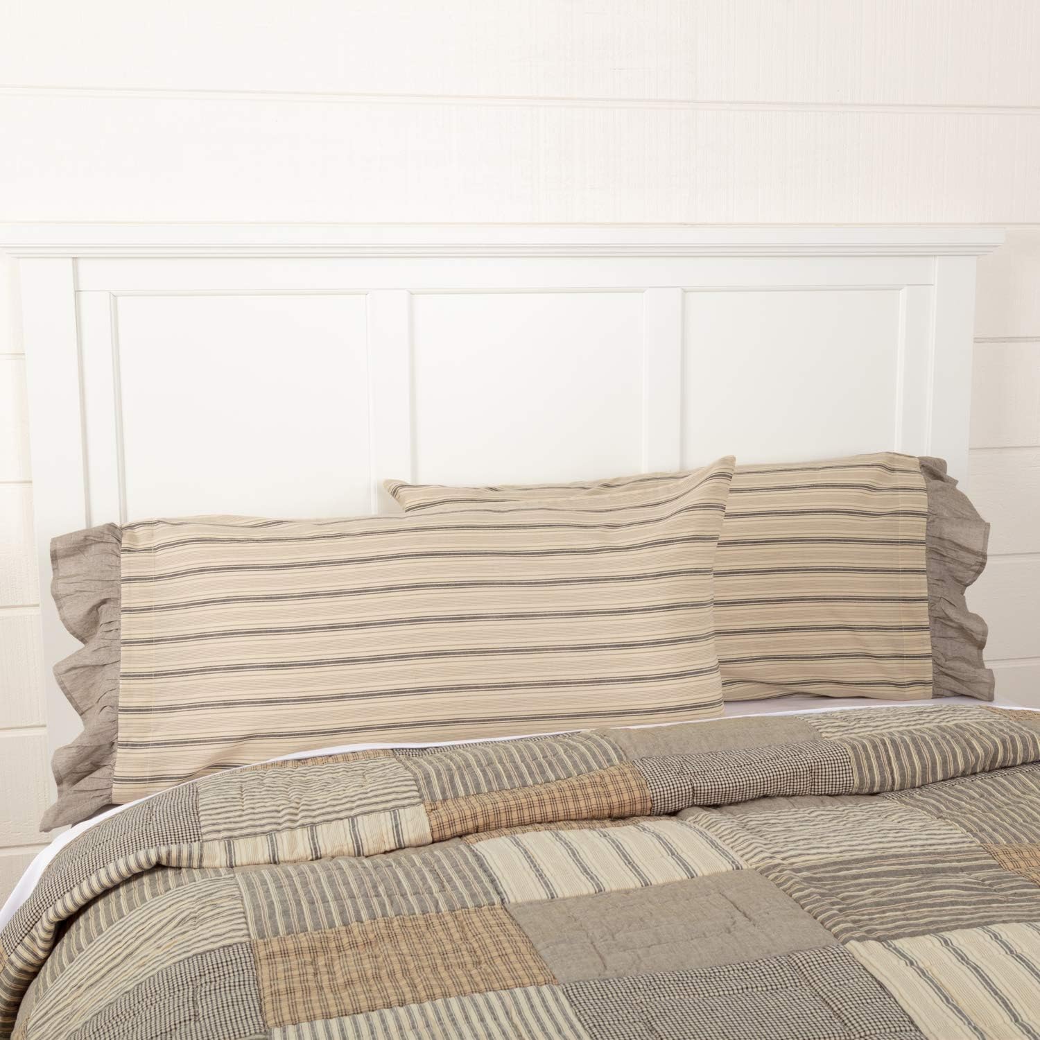 VHC Brands Sawyer Mill Striped Cotton Farmhouse Bedding King Pillow Case Set of 2, Pillowcase Set 21x40, Dark Creme White