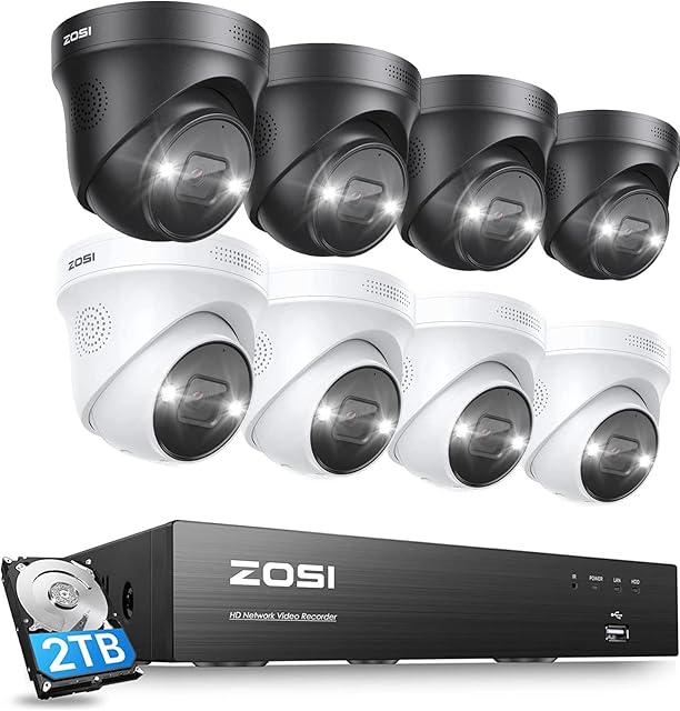 ZOSI 4PK 5MP&4PK 8MP POE Security Camera System with Person Vehicle Detection,2 Way Audio,Color Night Vision,8 Port 16CH 8MP NVR with 2TB HDD,for Home 24/7 Recording