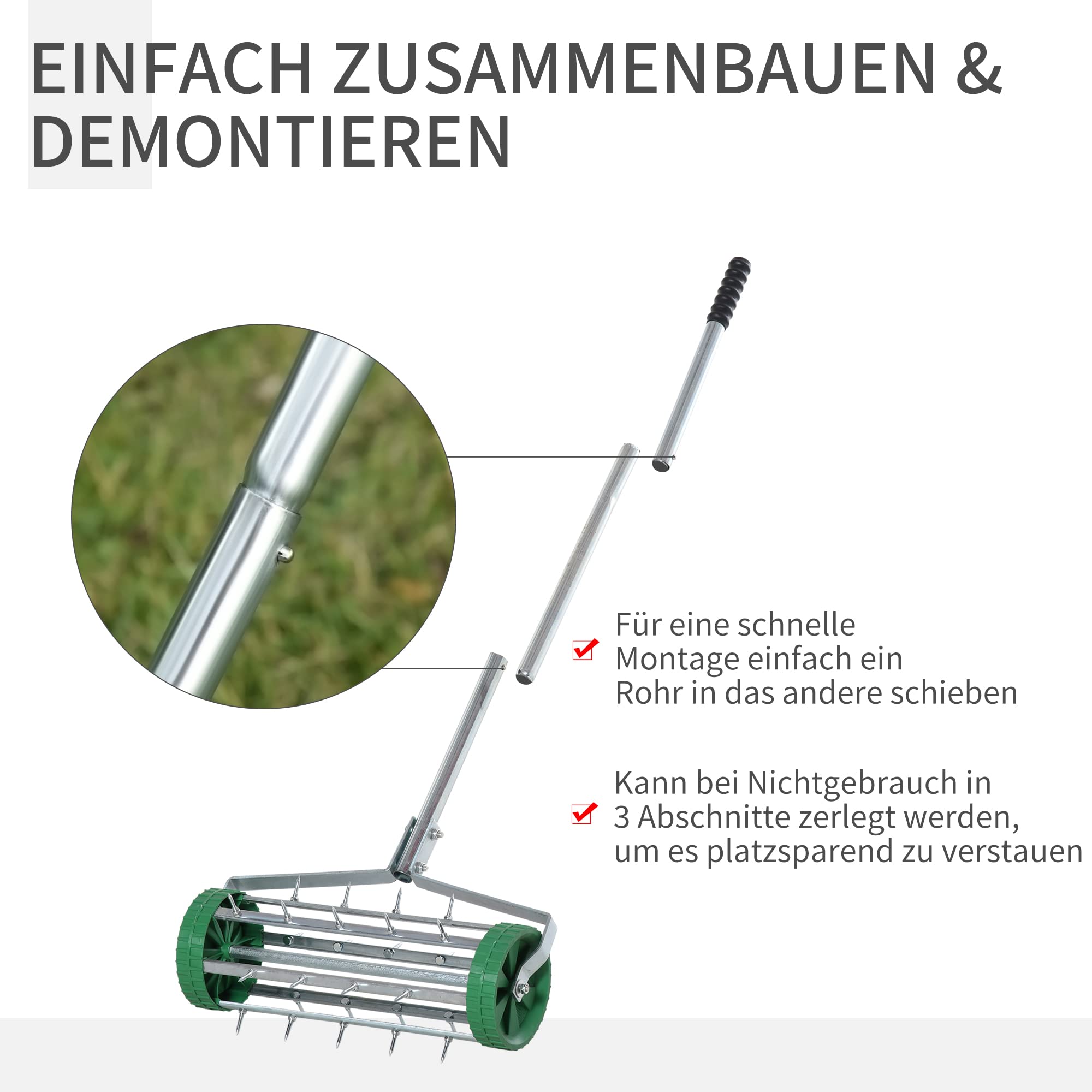 Outsunny Rasenlüfter Grifflänge einstellbar Handvertikutierer Rasenbelüften Stachelwalze Rasen rollender Rasenlüfter pflegen Garten verzinktes Rohr Grün+Silber 139 x 43,5 x 15 cm