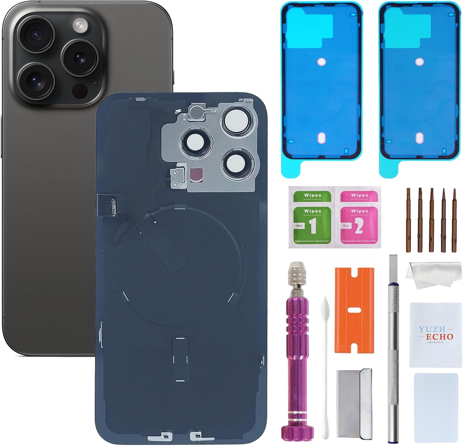 Back Glass Replacement for iPhone 15 Pro Max(6.7 inches,Black Titanium) Integrated Glass & Wireless Charging Repair Tools are Included