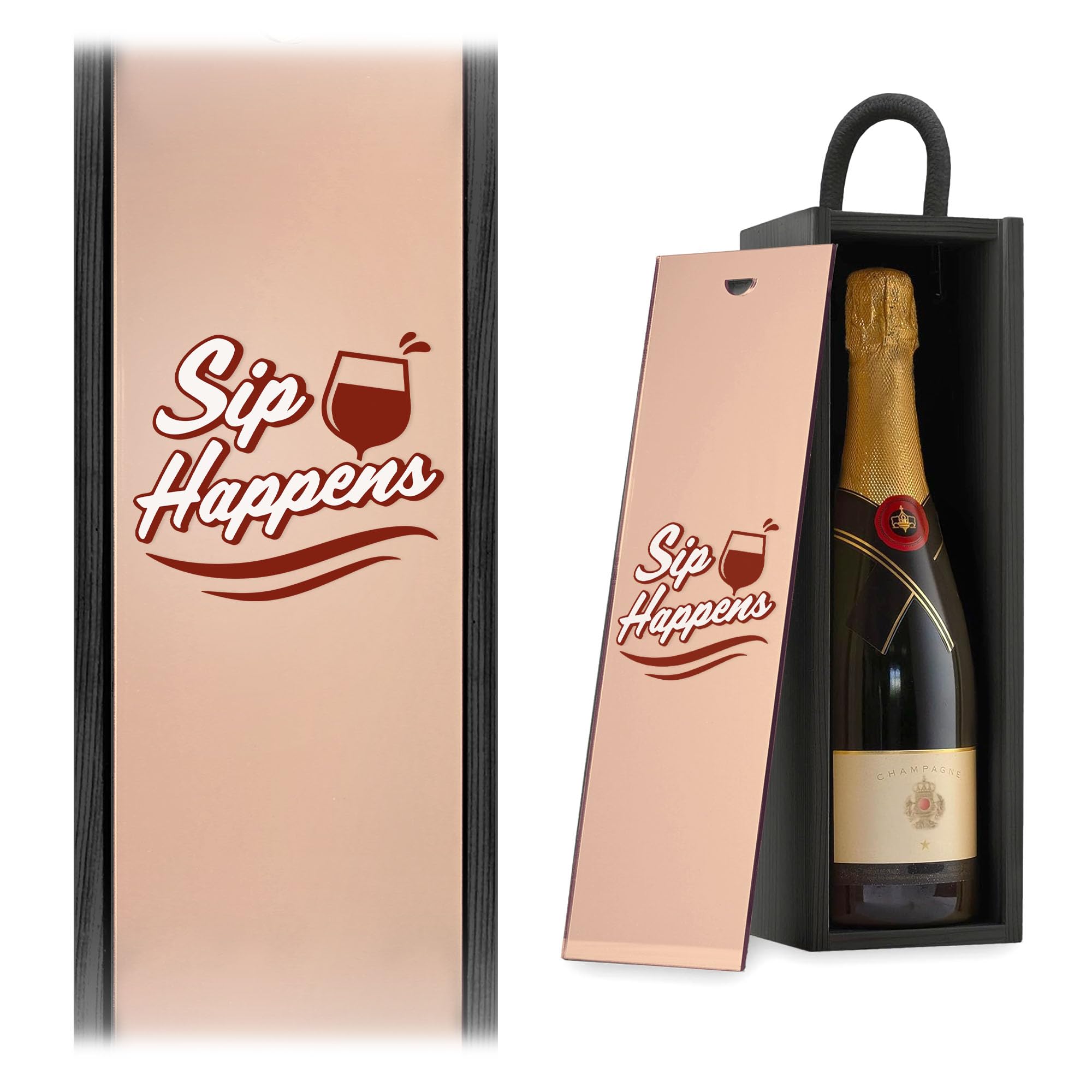 A1 Graphics Ltd Sip Happens Funny Wine Gift Box Champagne Box Novelty Wine Lover Birthday Gift Humour Present for Him Her (Rose Gold, Black Box)