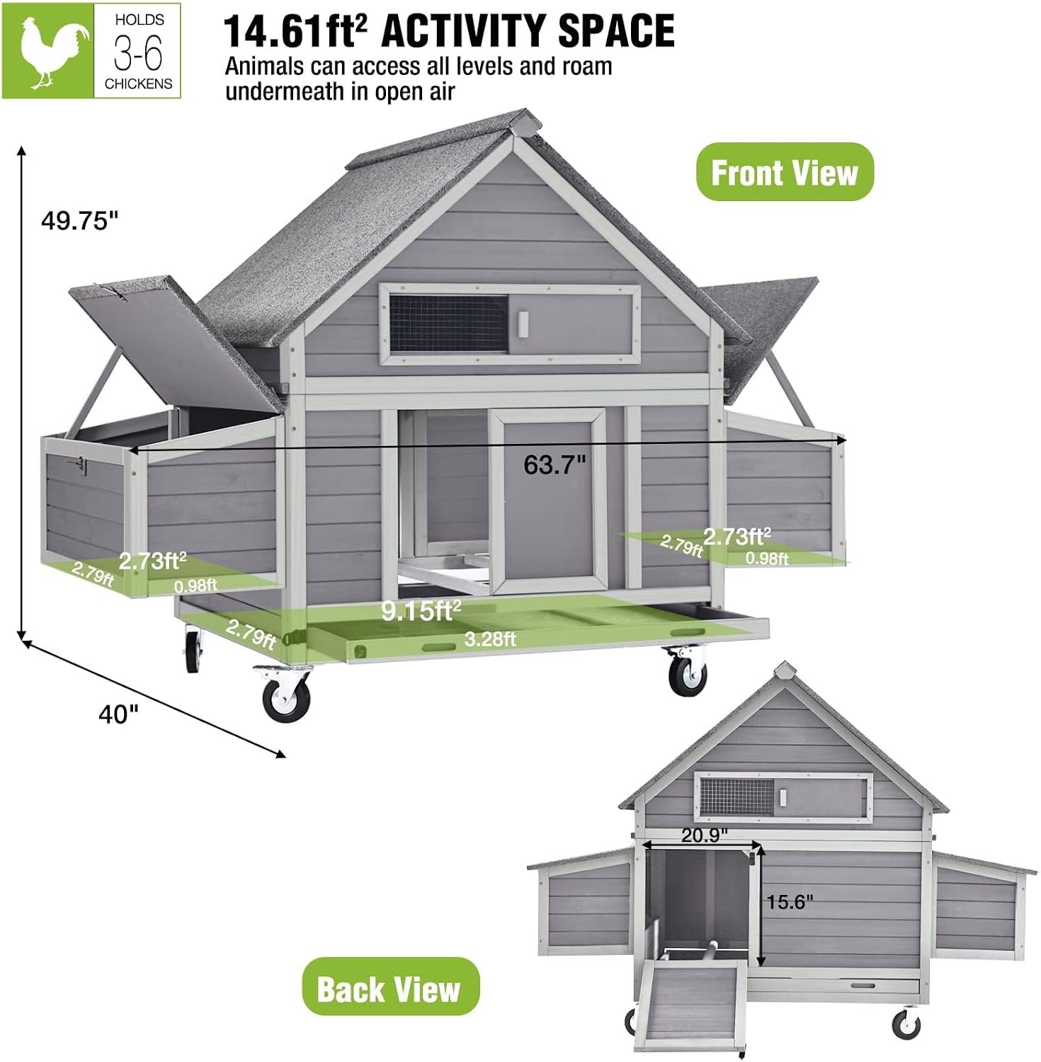 GUTINNEEN Large Chicken Coop for 6 Chickens, Movable Thickened Wooden Hen House on Wheels with Easy Clean Removable Tray & 2 Nesting Boxes, Extra Large Outdoor Duck Cage & Rabbit Hutch