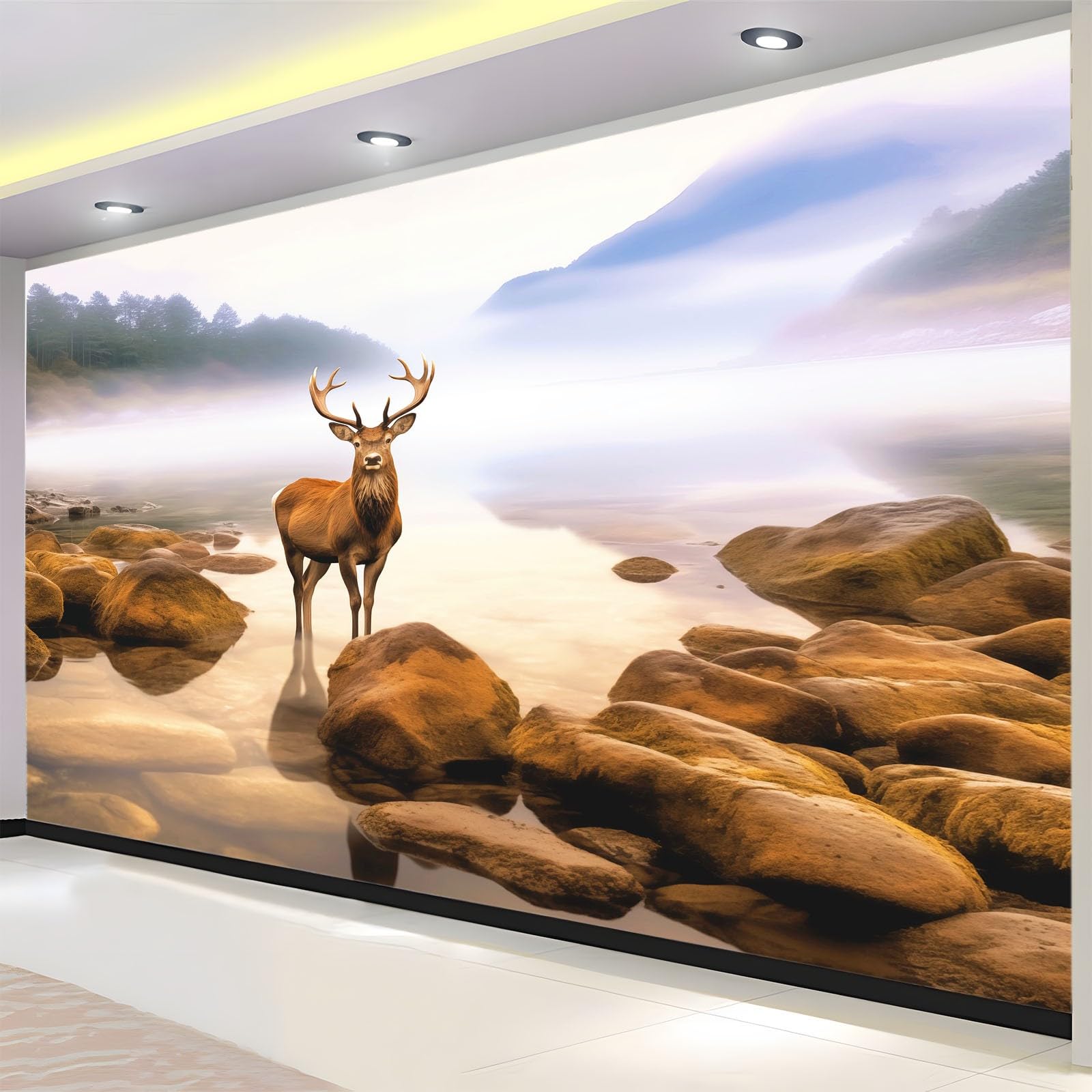 Panoramiczna tapeta ścienna ze skałami i mgłą, dziki jeleń z włókniny ścienne, 450 x 315 cm (szer. x wys.) fresk do salonu, pokoju dziecięcego, dekoracja restauracji
