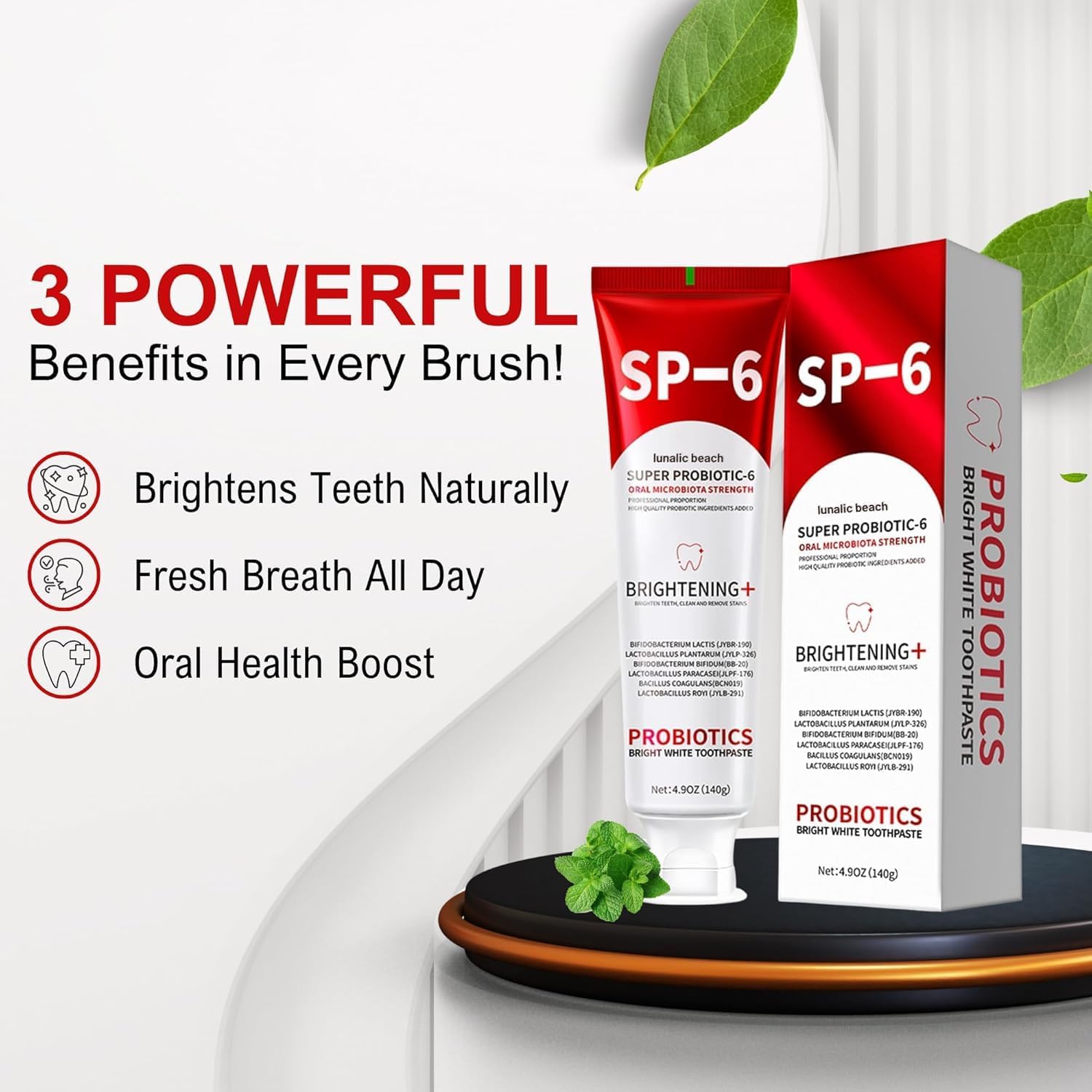 SP-6 Probiotic Toothpaste,SP6 Toothpaste for Whitening Teeth & Fresh Breath, 6 Probiotics Formula, Fluoride-Free, Enamel Safe, Natural Mint Flavor
