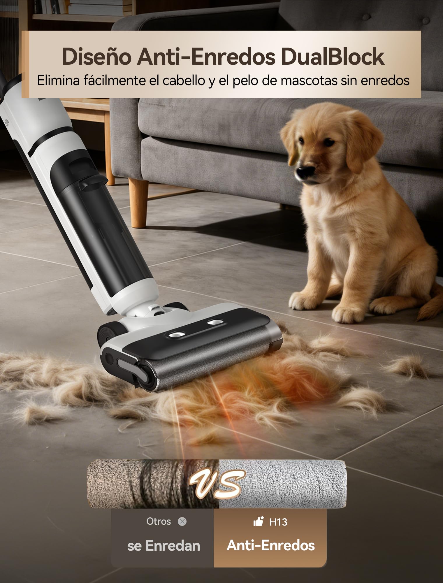 H13 Aspiradora y Fregona Sin Cable, 23.000 Pa de Succión, 75 min de Autonomía, Aspiradora Fregona 2 en 1 AI SmoothDrive Autopropulsión Rodillo Snti-Enredos Autolimpieza Toque Doble Depósito