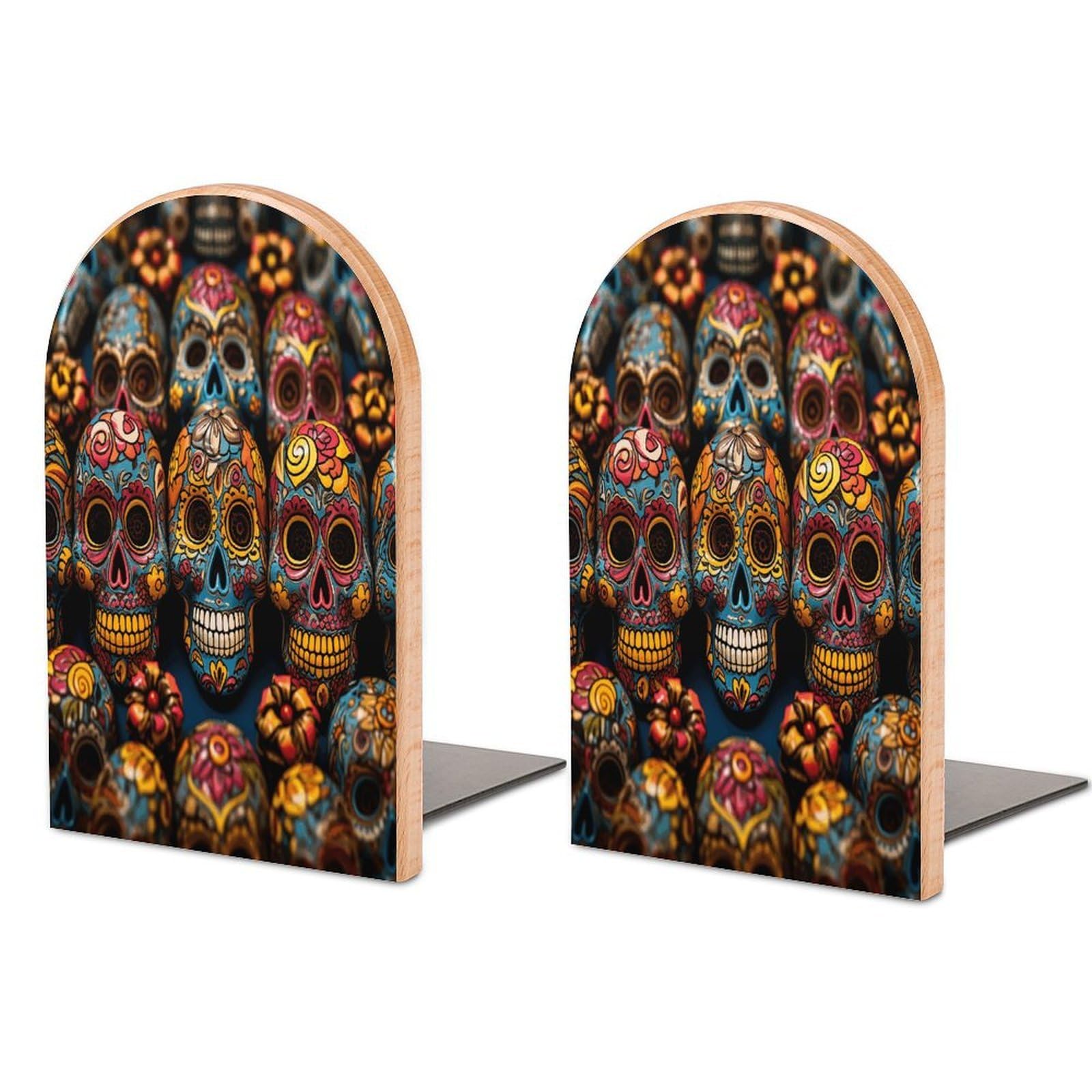 Colorful Sugar Skulls Bookend Wood Book End for Shelves Heavy Duty Non-Slip Wooden Bookend Support Universal Economy Bookends Fancy Modern Decorative Book Accessories 1 Pairs