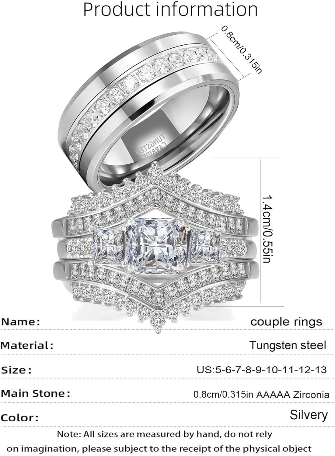 2CT CZ Wedding Ring Set for Women & Men White Gold Plated Bridal Couple Rings Tungsten Ring Elegant Wedding Band