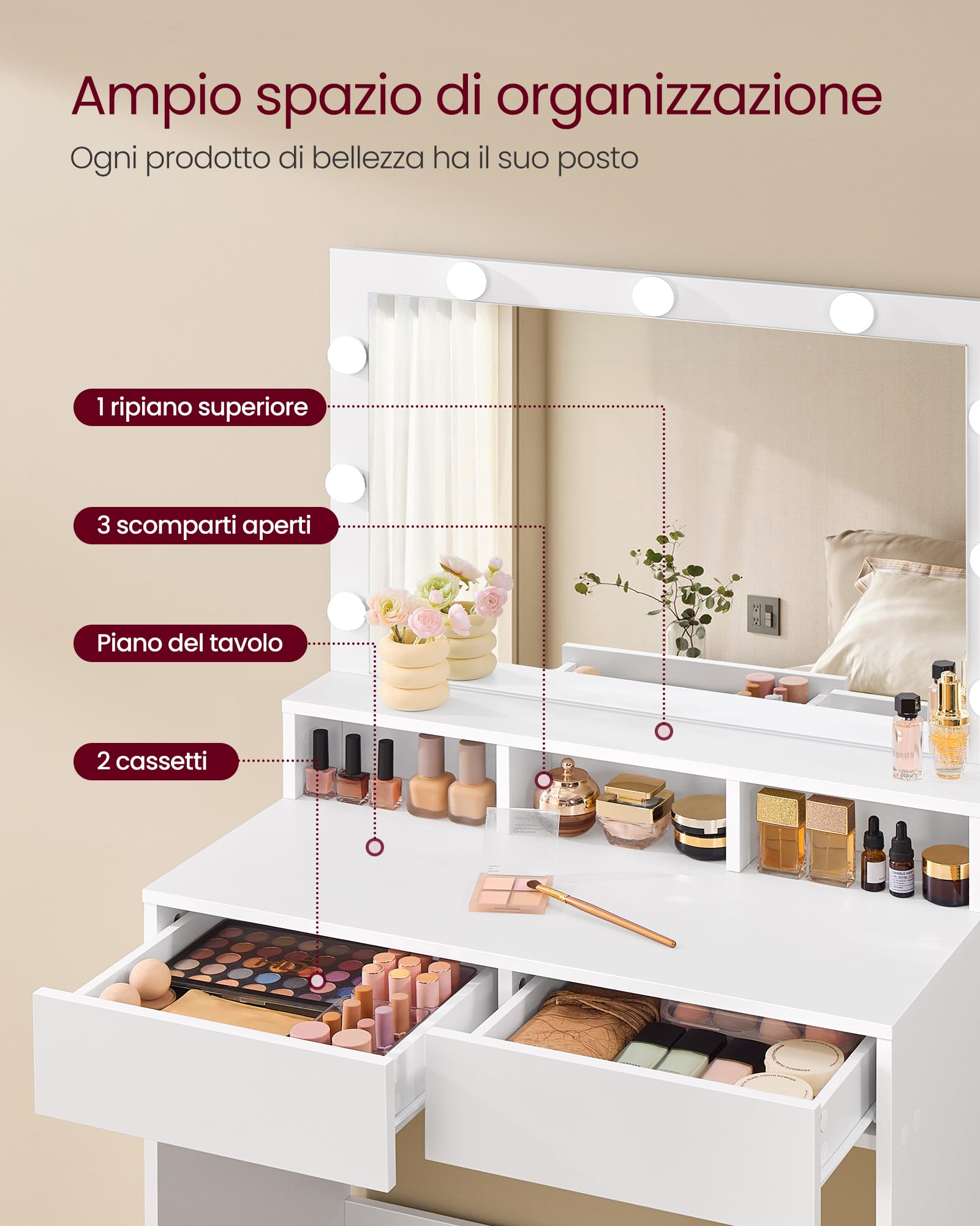 VASAGLE KAILYN Collezione - Tavolo da Trucco, Toeletta con Luce LED, Regolabile a 3 Colori, con Specchio, Tavolo Cosmetico con 2 Cassetti e 3 Scomparti Aperti, Bianco Nuvola RDT120WB01