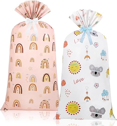 Teling 2 bolsas de regalo de plástico bohemias grandes de 70 x 40 pulgadas, bolsas de almacenamiento de plástico de gran tamaño con 2 rollos de