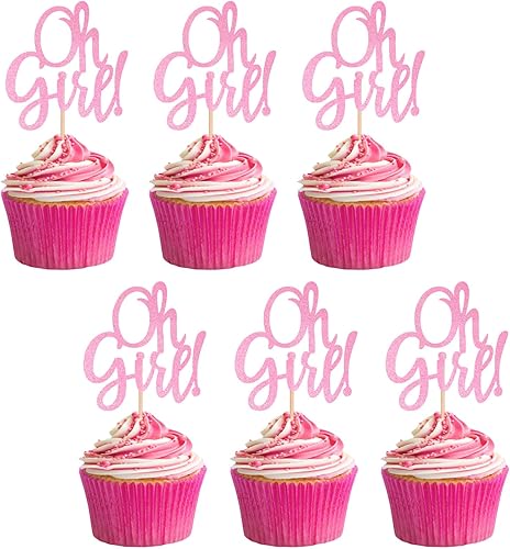 Miniatura 5 de ALISSAR Paquete de 24 adornos para cupcakes con purpurina rosa Oh Girl, decoración de pasteles de frutas para It'a A Girl Baby Shower suministros de