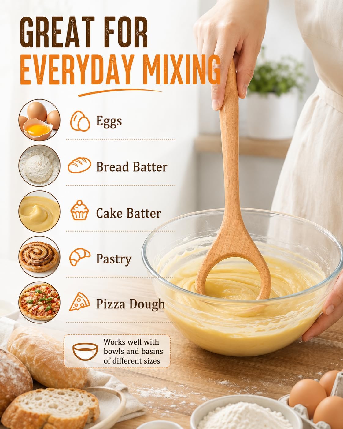 Danish Dough Whisk, Wooden Handle Bread Whisk for Sourdough Starter, Pizza Dough, Eggs, Batter & Baking Mixing Tools