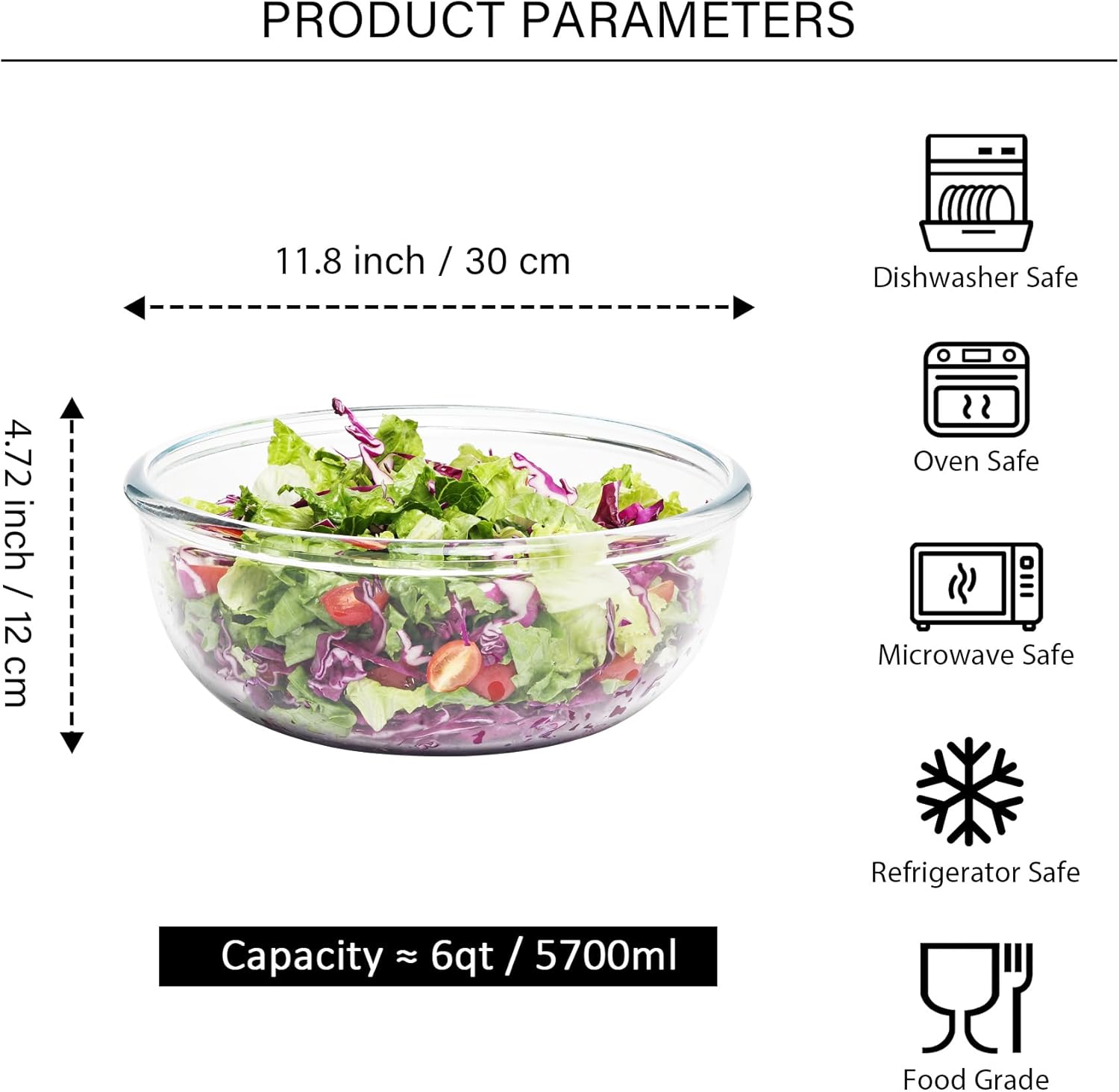 Extra Large Glass Mixing Bowl - 6 Quart Clear High Borosilicate Glass Salad Bowls - Glasses Bowl for Sourdough, Baking, Bread Making, Kitchen