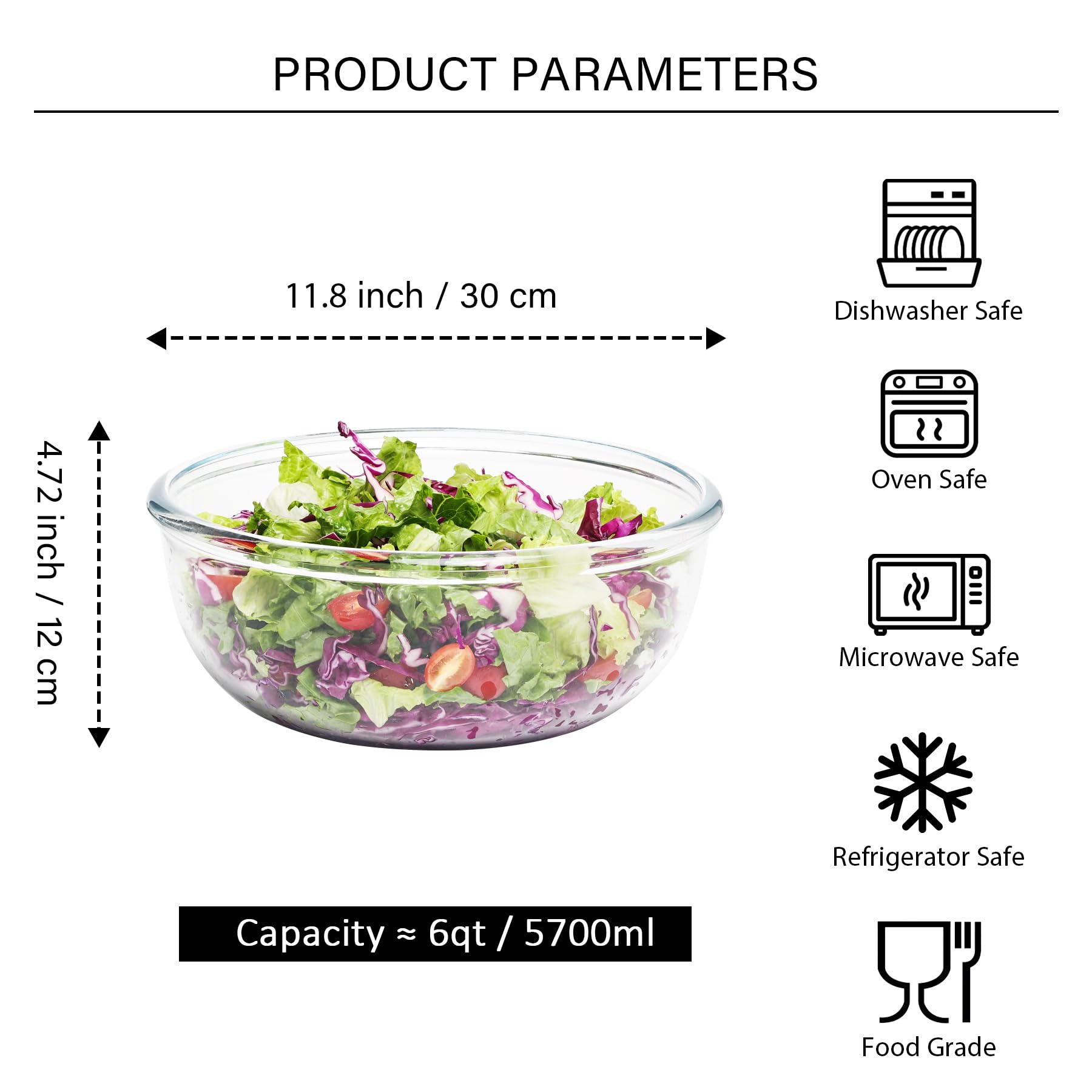 Große Glas-Rührschüssel - 5700ml Klarglas Salatschüsseln - Gläser Schüssel für Sauerteig, Brot, Küche