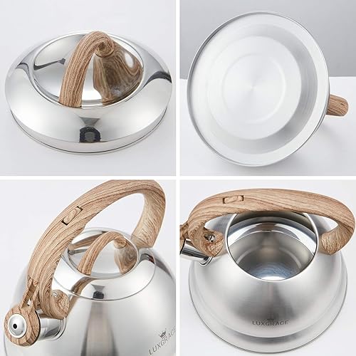 Miniatura 7 de Creative Home - Tetera silbante de acero inoxidable de 2.3 cuartos de galón con mango ergonómico de goma de madera, acabado satinado