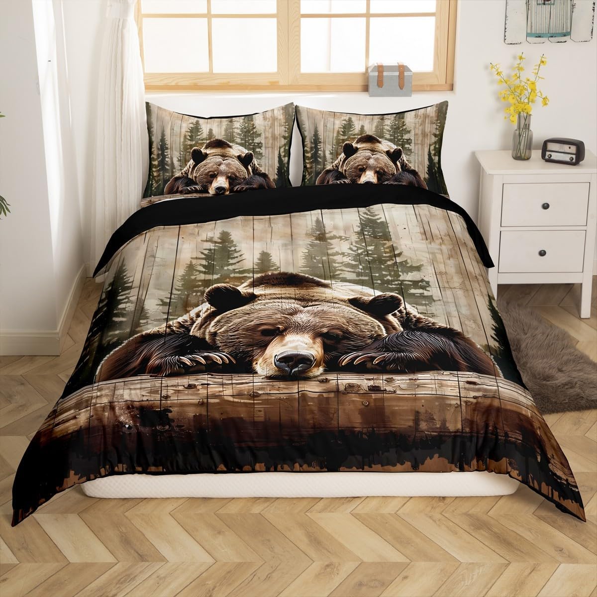 Feelyou Grizzly Bear Bedding Set Wild Animal Hunting Duvet Cover Kids Boys Girls Cabin Comforter Cover Rustic Farmhouse Bedspread Cover with 2 Pillowcases 3Pcs Bedding King,No Comforter