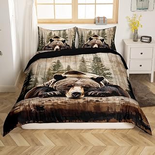 Feelyou Grizzly Bear Bedding Set Wild Animal Hunting Duvet Cover Kids Boys Girls Cabin Comforter Cover Rustic Farmhouse Bedspread Cover with 2 Pillowcases 3Pcs Bedding Queen,No Comforter
