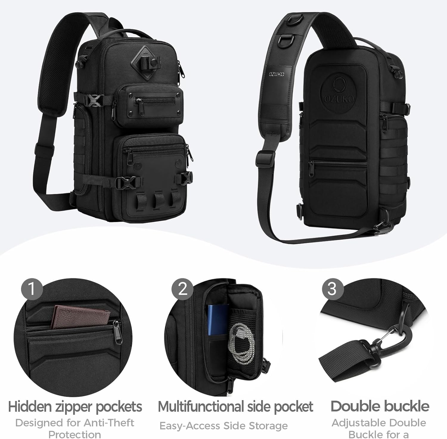 OZUKO Multipurpose Sling Bag for Men, Large Capacity Crossbody Shoulder Bag Waterproof Sling Chest Backpack with Tripod Holder Fit for Outdoor Travel Photography (Black)