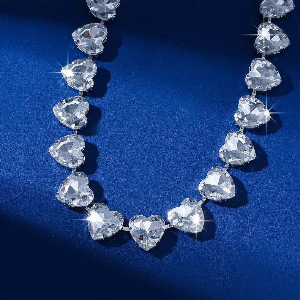 Sparkly Rhinestone Heart Beaded Choker Necklace for Women Bling Crystal Silver Love Shaped Statement Necklaces Wedding Prom Formal Jewelry Gifts - Image 8