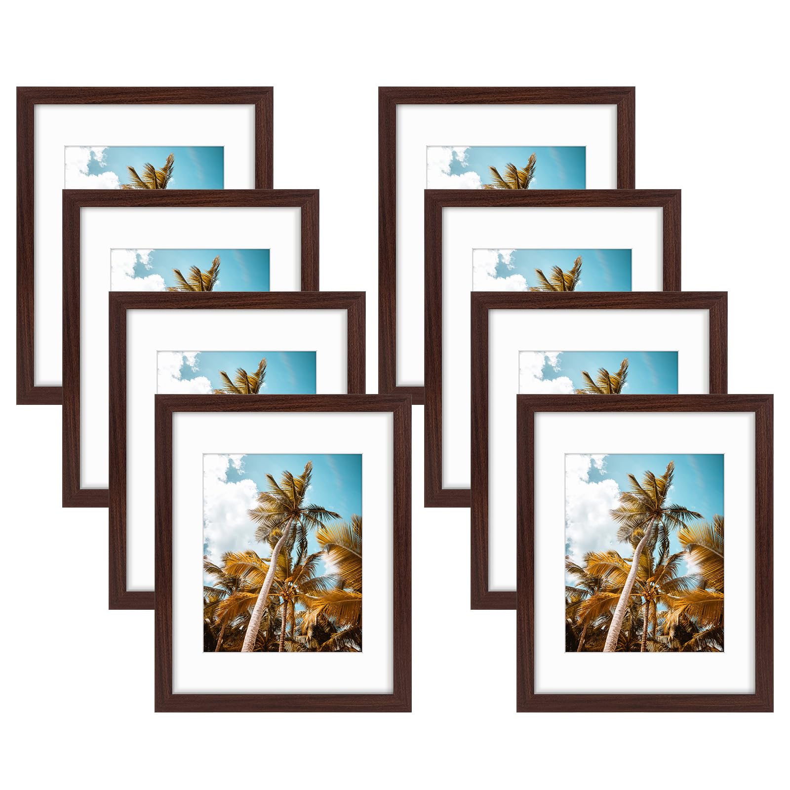 Frametory 8 Pack 11x14 Brown Picture Frame with Real Glass Mat for 8x10