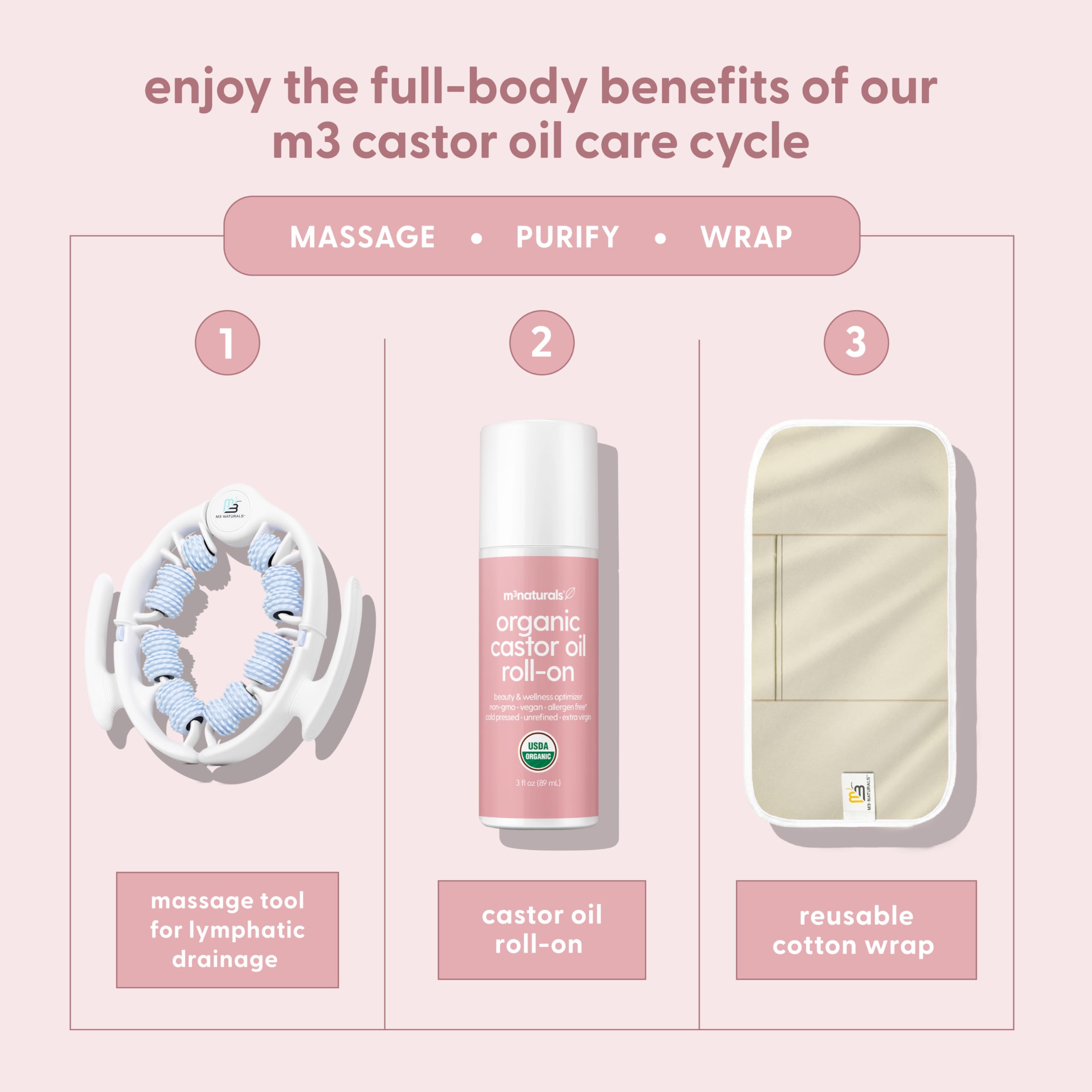 Organic Cold Pressed Castor Oil Roll-On Nourishing Treatment| Hexane-Free, USDA Organic Idea for Hair, Skin & Brows | Mess-Free Applicator, 3 fl 0z (89 mL) by M3