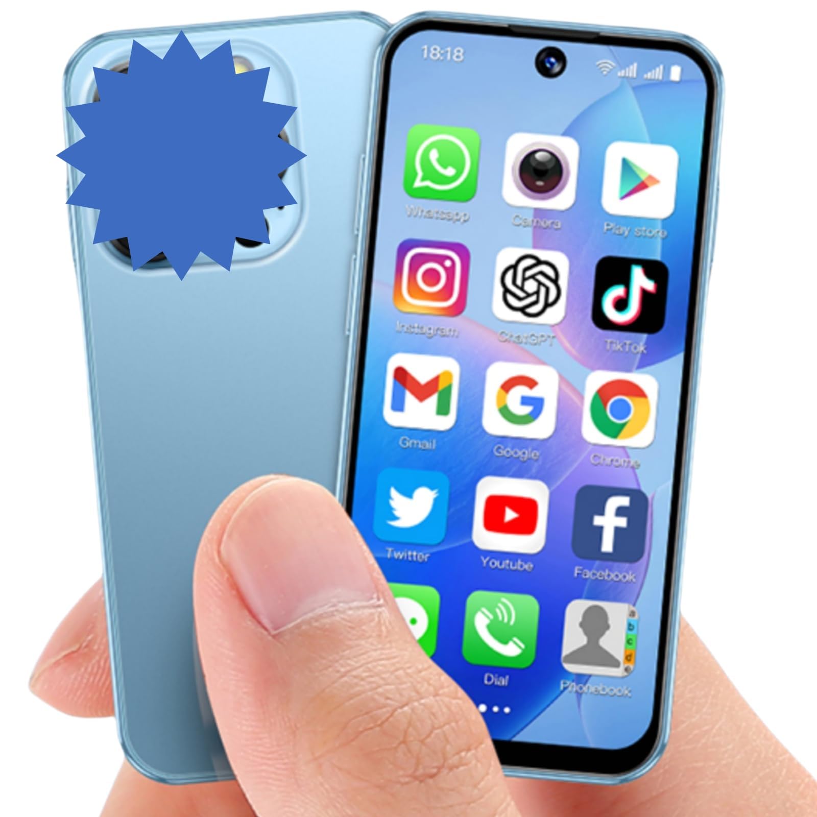 Mini Phone World's Smallest Mini Smartphone with 3.88'' HD Screen Android Unlocked Face ID 2G+16G Quad Core Dual Sim Mobile Phones for Student Best Gift for Kids (Blue)