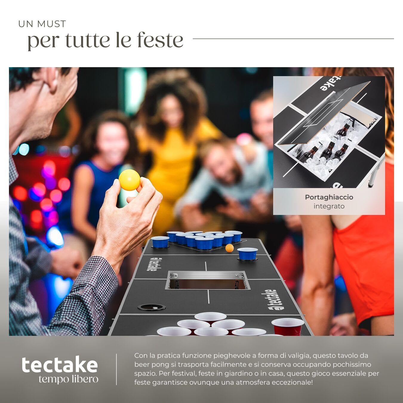 tectake® Tavolo da Beer Pong, Pieghevole con Maniglia, Kit Completo Bicchieri Multicolor e Palline, Beer Pong Set, Struttura in Alluminio, Regali Divertenti, Giochi per Festa - 235 x 60 x 70 cm