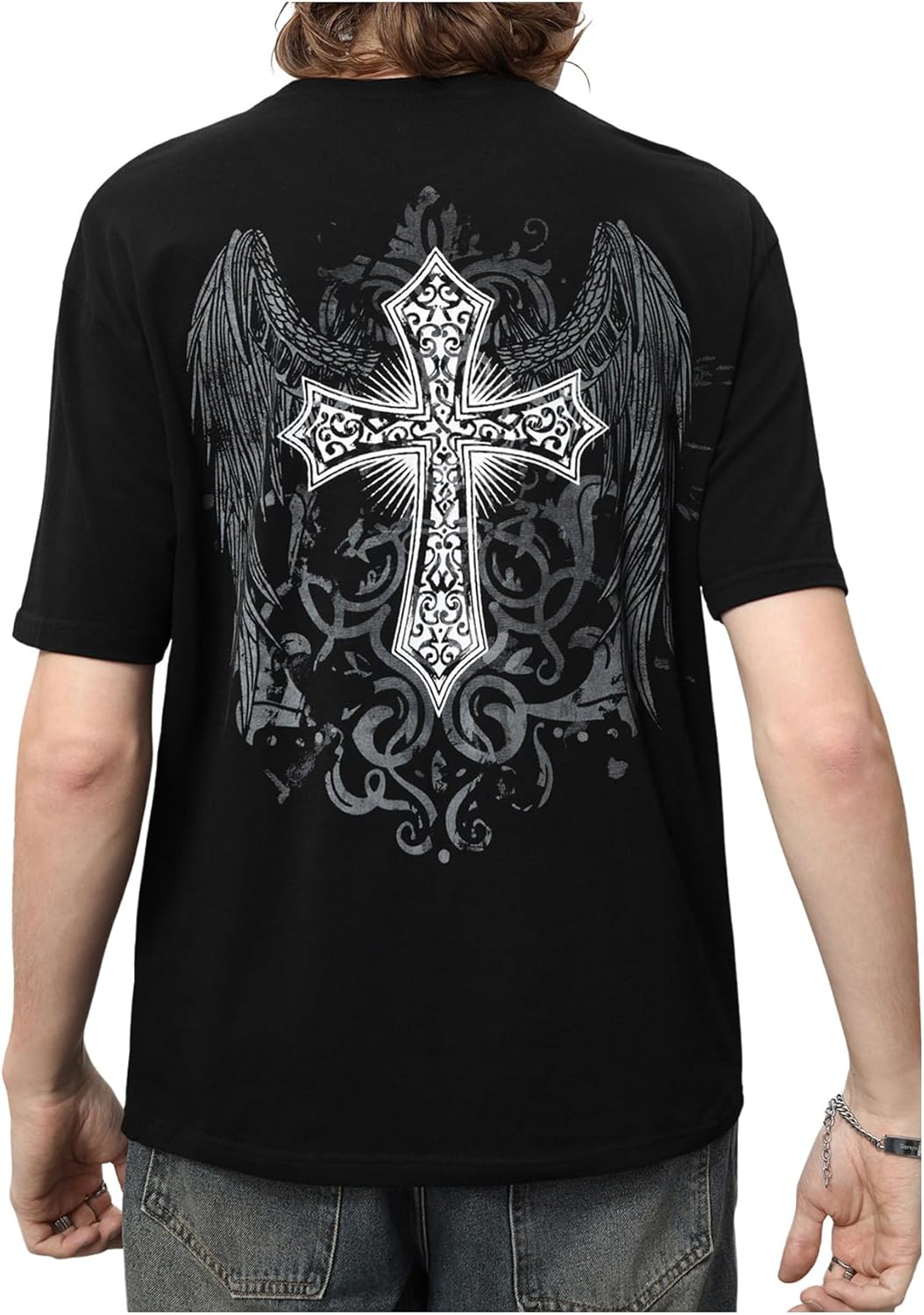 SHENHE Men's Cross Wing Graphic Y2k Goth Top Crew Neck Short Sleeve Rave Tee Shirt