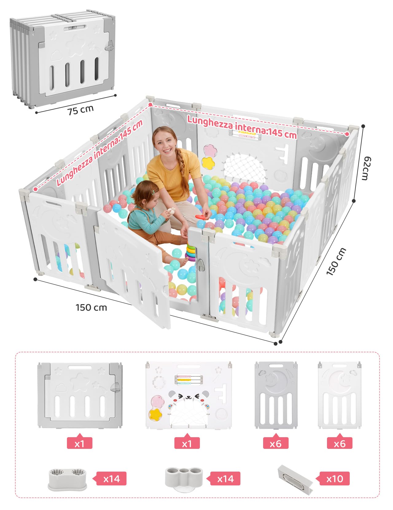 Dripex Box Bambini 150×150 cm, Recinto per Bambini Pieghevole, Box Neonato in Forma Adattabile, Recinto Neonato in Plastica, Grigio