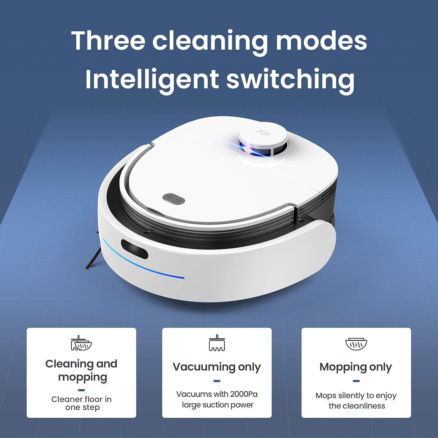 Three cleaning modes: Cleaning and Mopping, Vacuuming Only, Mopping Only