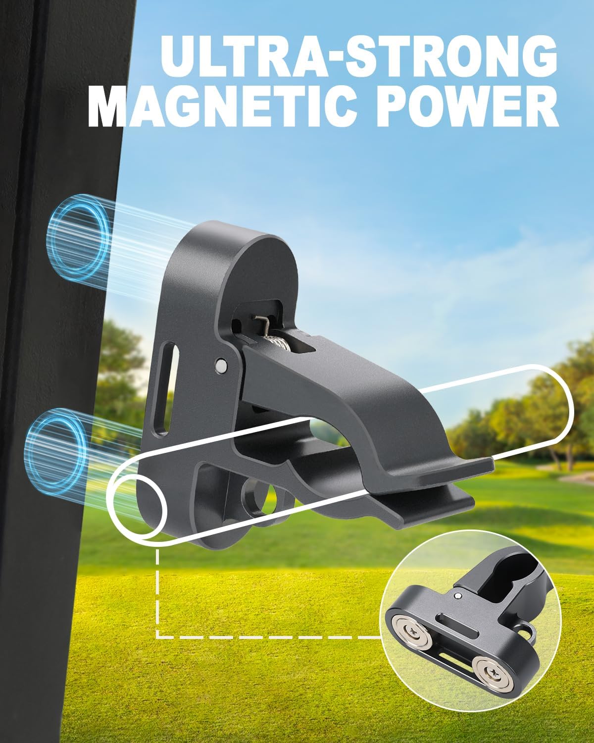 Magnetic Golf Cart Holder Clip with Loop Hook, Aluminum Alloy Golf Holder for Secure 30-70 Rings Storage & Golf Towels Hanging, Non-Slip Elastic Band & Storage Bag Included