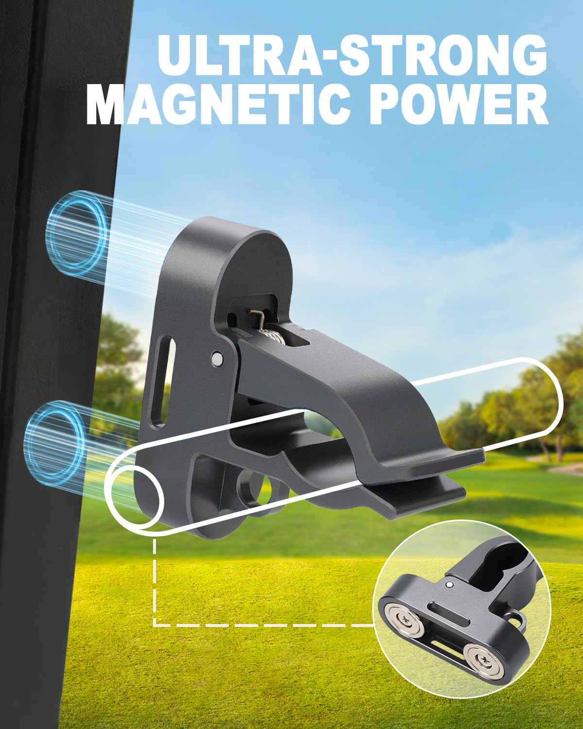 Magnetischer Golfwagenhalter mit Schlaufenhaken, Golf-Halterung aus Aluminiumlegierung für sichere Aufbewahrung von 30–70 Ringen und zum Aufhängen von Golf-Handtüchern, rutschfestes Gummiband