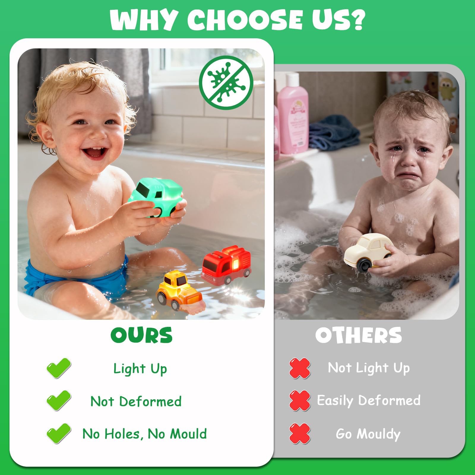 JoiTale Baby Bath Toys, 6 Pack Cars Light Up Bath Toys, No Hole No Mould Bathtub Toy for 1 2 3 Year Olds, Flashing LED Sensory Toy for Toddlers, Bath Time Shower Gifts for Boys and Girls — view 5