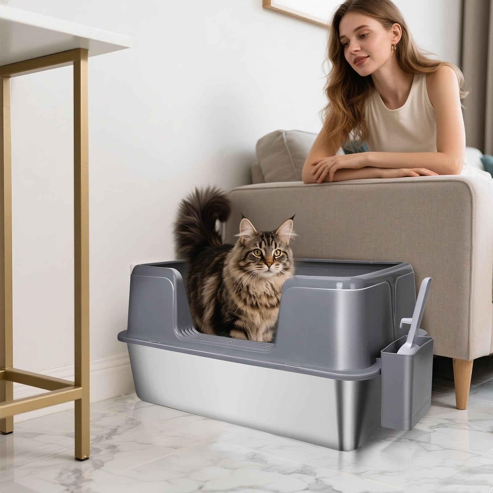 Bac à Litière en Acier Inoxydable, Masthome Grande Capacité, Anti-Renversement et Étanche, Litière Semi-fermée pour Chat avec Pelle et Tapis Inclus Design Moderne et Facile à Nettoyer