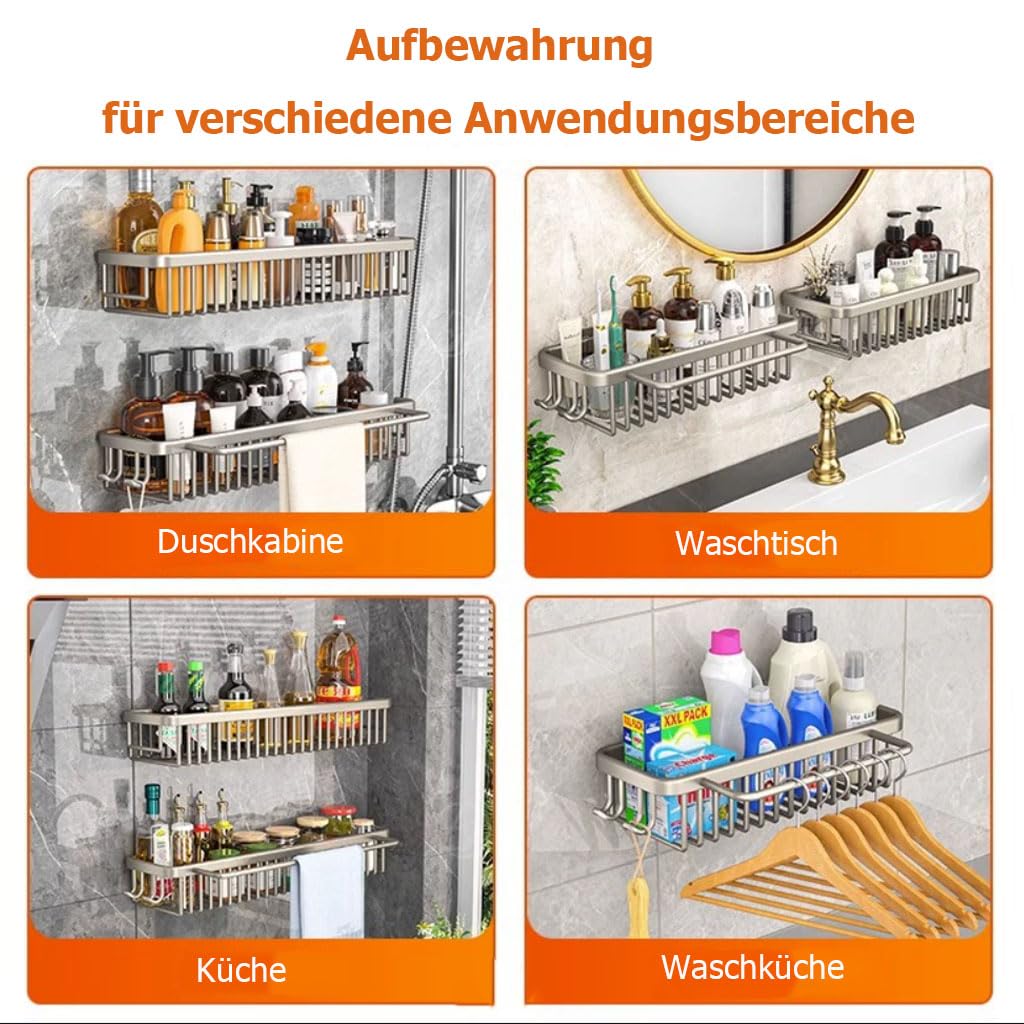 Duschablage Ohne Bohren, Wandkorb Wandregal Bohrfreie, Multifunktionale Badezimmer Organizer mit Haken, Platzsparende Ablage Bad für Badezimmer,B45cm