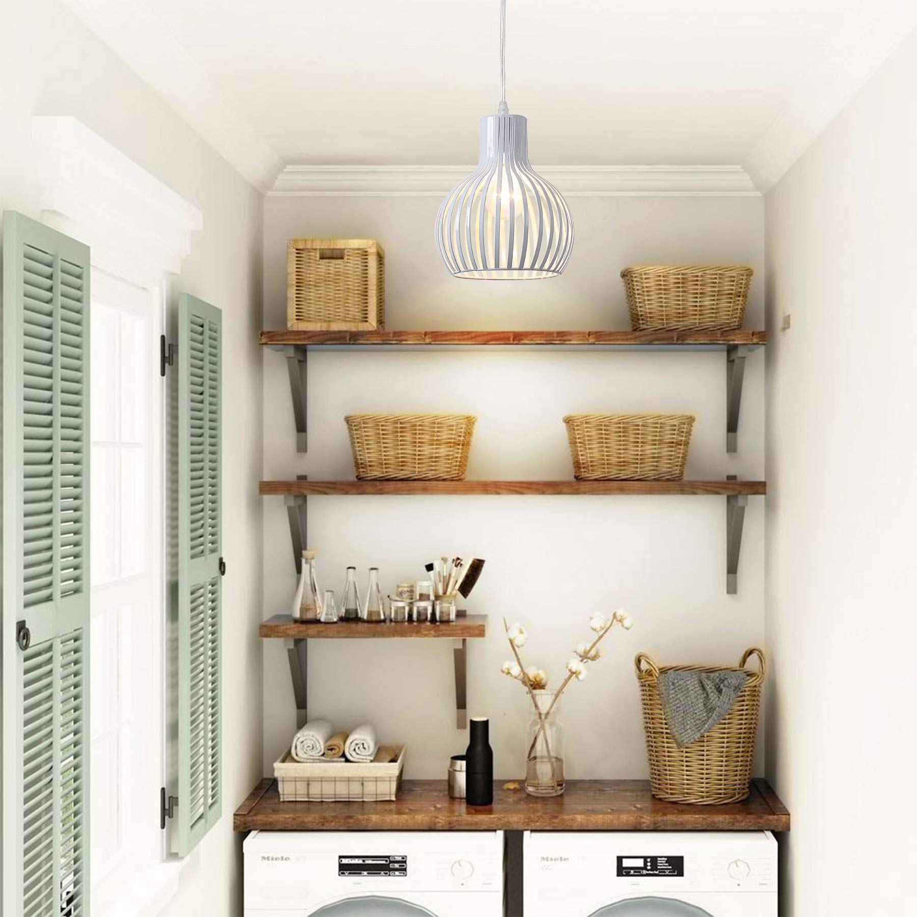 riomasee Industrial Plug in Pendant Lighting Metal Wire Cage Hanging Light Fixture with 14.27 Ft Hanging Cord and On/Off Switch (White)