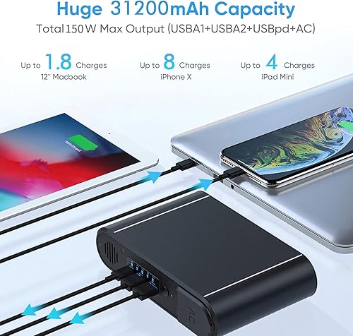 Miniatura 2 de Banco de energía con CA de 150 W, cargador portátil para laptop, batería externa de 31200 mAh para laptop, PD 65 W tipo C, compatible para