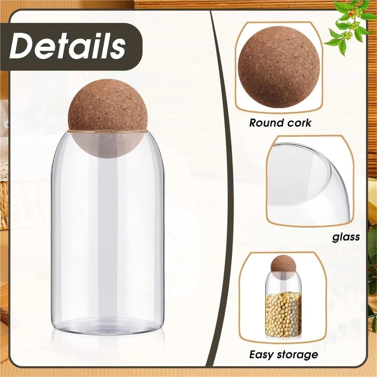 Tarrinas de cristal con tapa, Paquete de 6 tarros vidrio for almacenamiento con tapones bola y tapas corcho, transparentes, 14,8 x 9 cm, frutos secos frutas